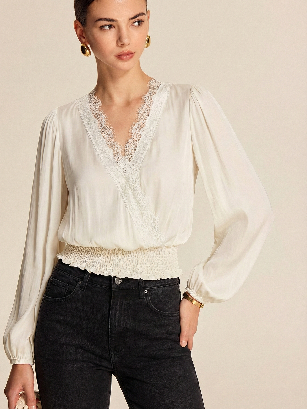 Lace Trim Smocked Waist Long Sleeve Blouse-Chicvia