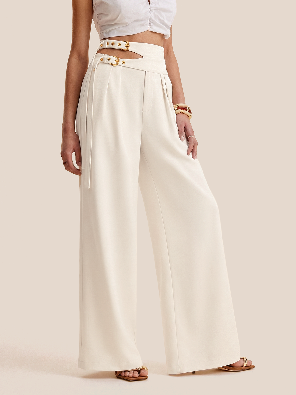 Cut-Out Double Buckle Wide Leg Pants-Chicvia