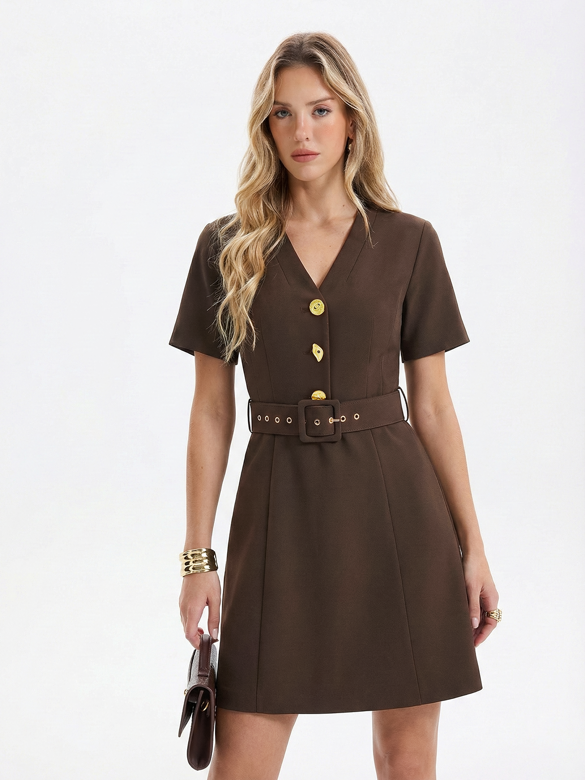 Metal Button V-Neck Belted Mini Dress-Chicvia
