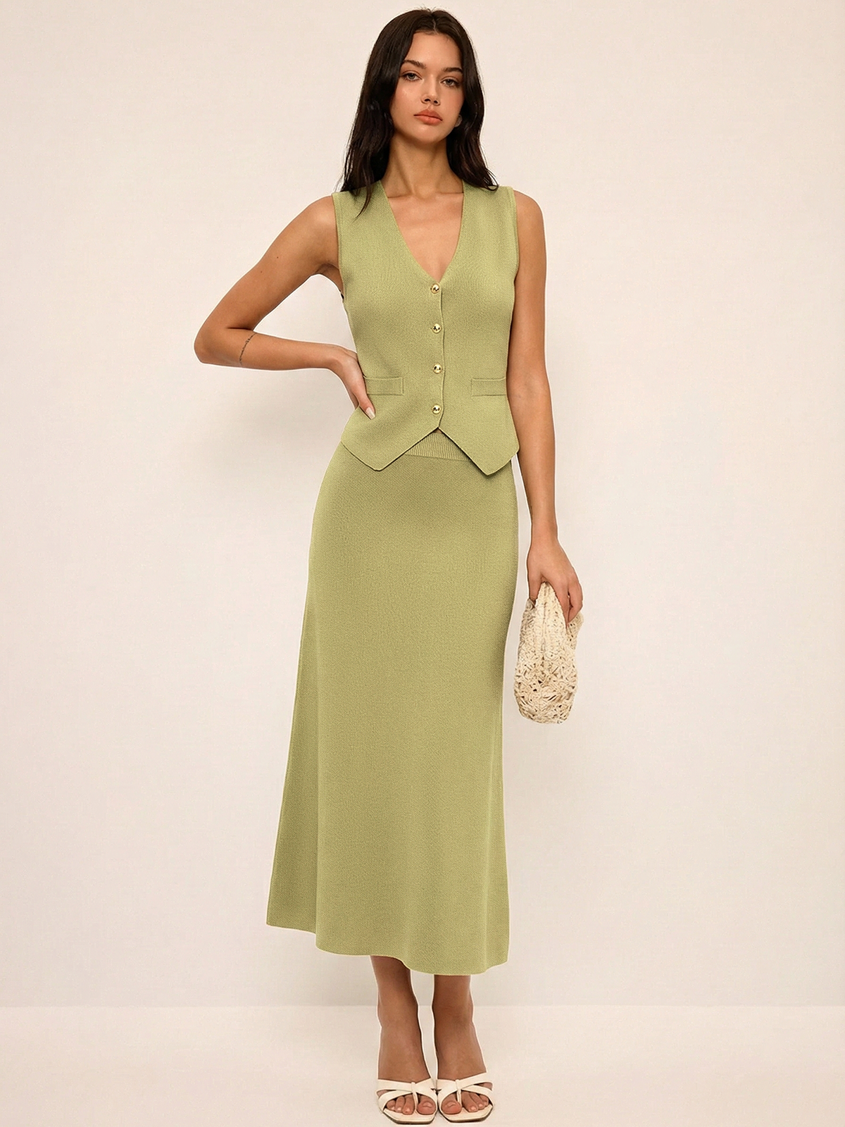 Metal Button Knit Vest & Midi Skirt Set-Chicvia