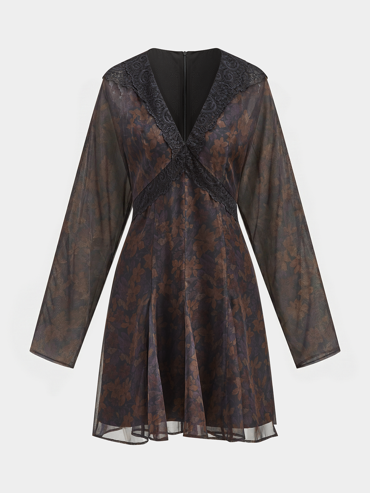 Lace Trim Vintage Floral Chiffon Dress-Chicvia