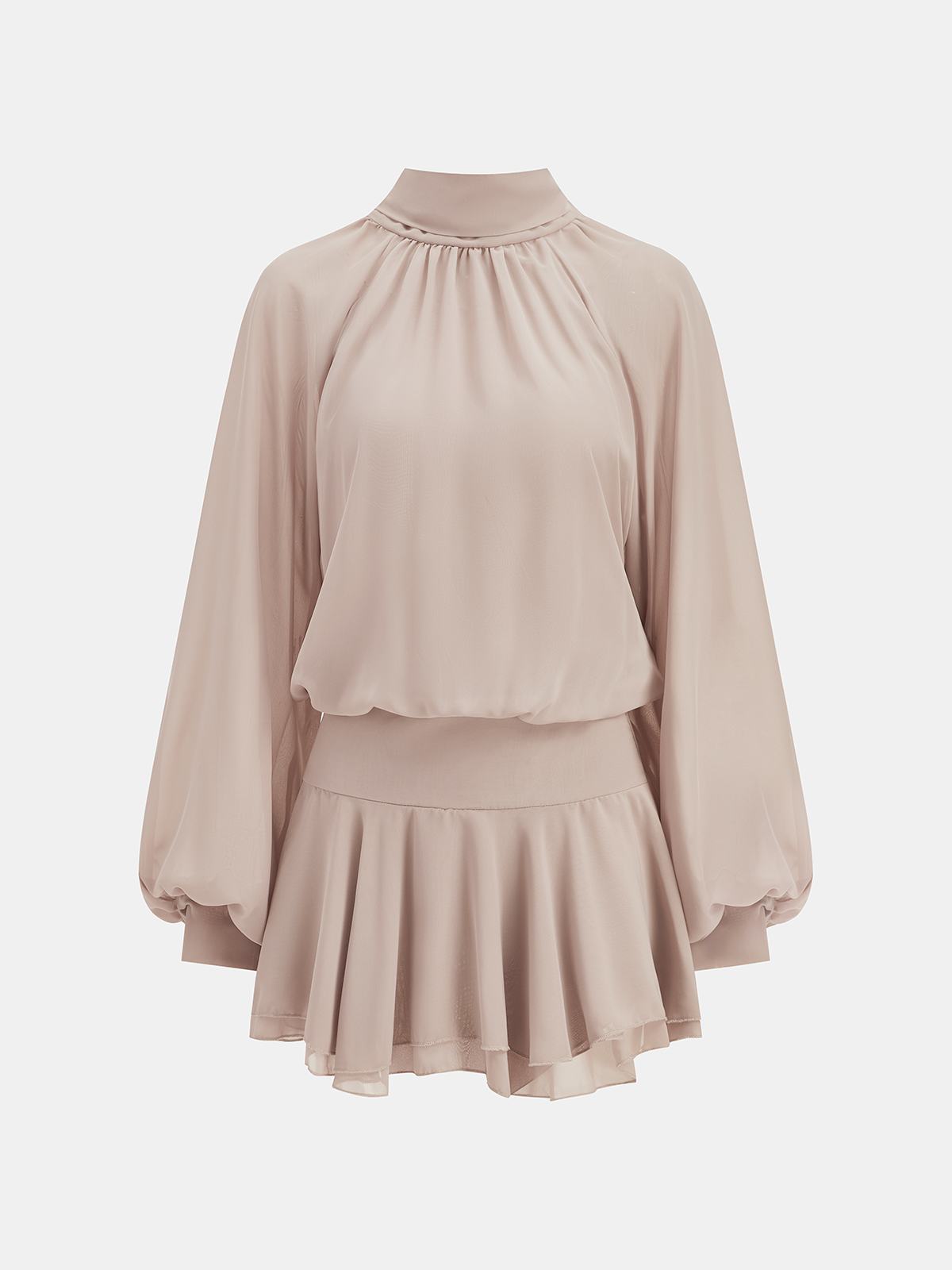 High Neck Ruffled Chiffon Puff Sleeve Mini Dress-Chicvia