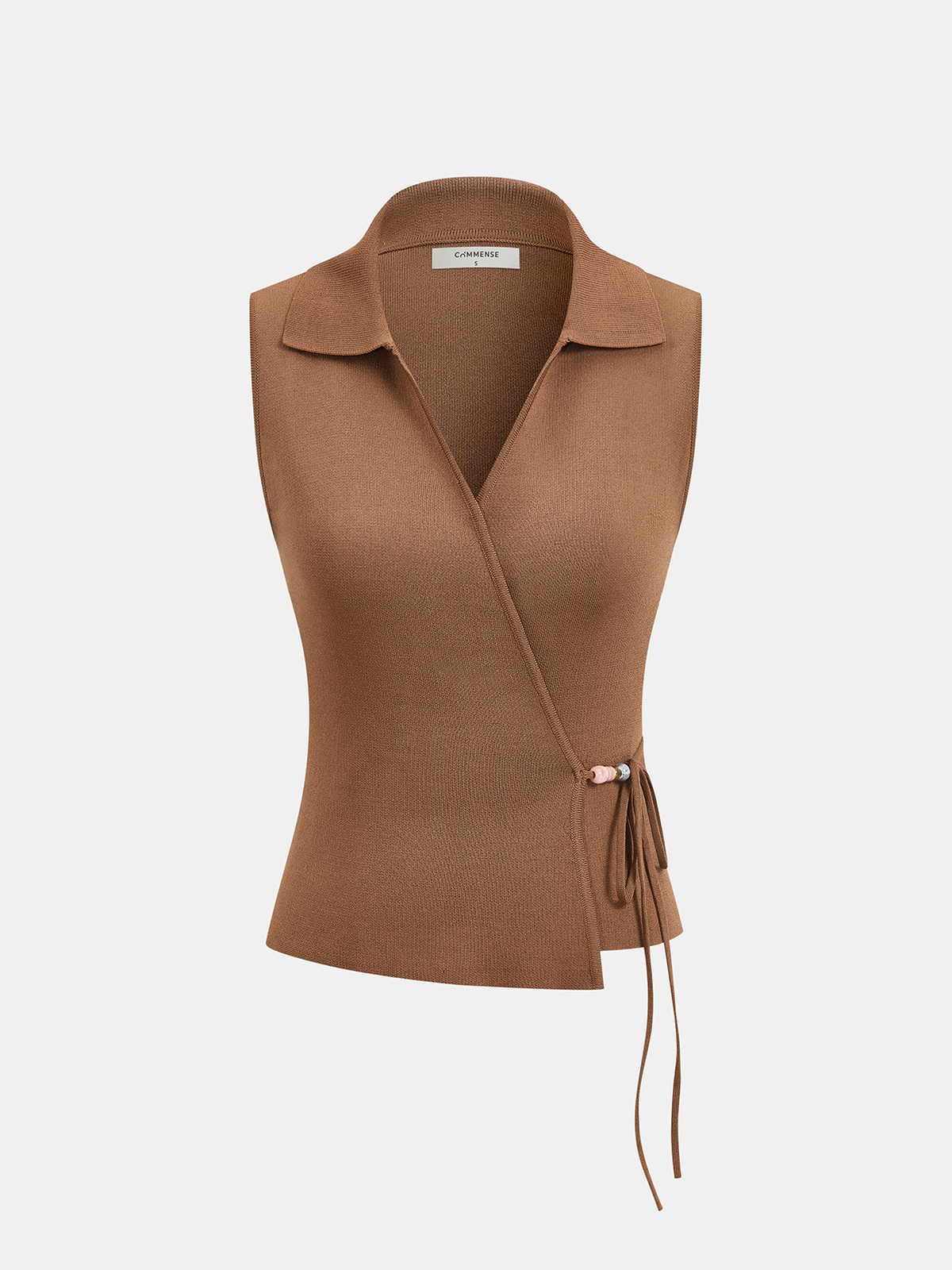 Collared Wrap Tie Sleeveless Knit Top-Chicvia