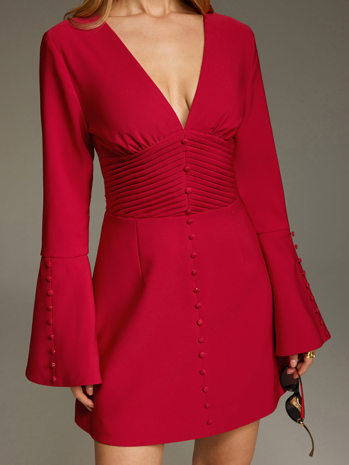 Deep V Ruched Bell-Sleeve Mini Dress-Chicvia