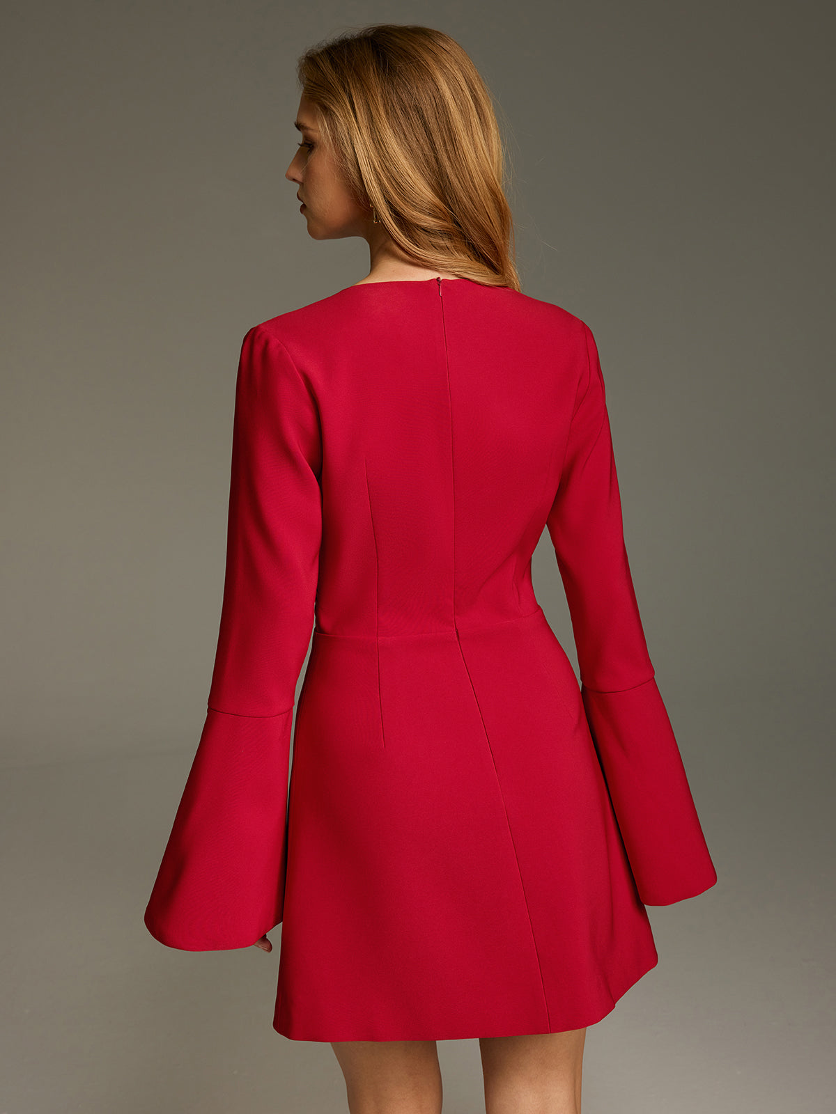 Deep V Ruched Bell-Sleeve Mini Dress-Chicvia