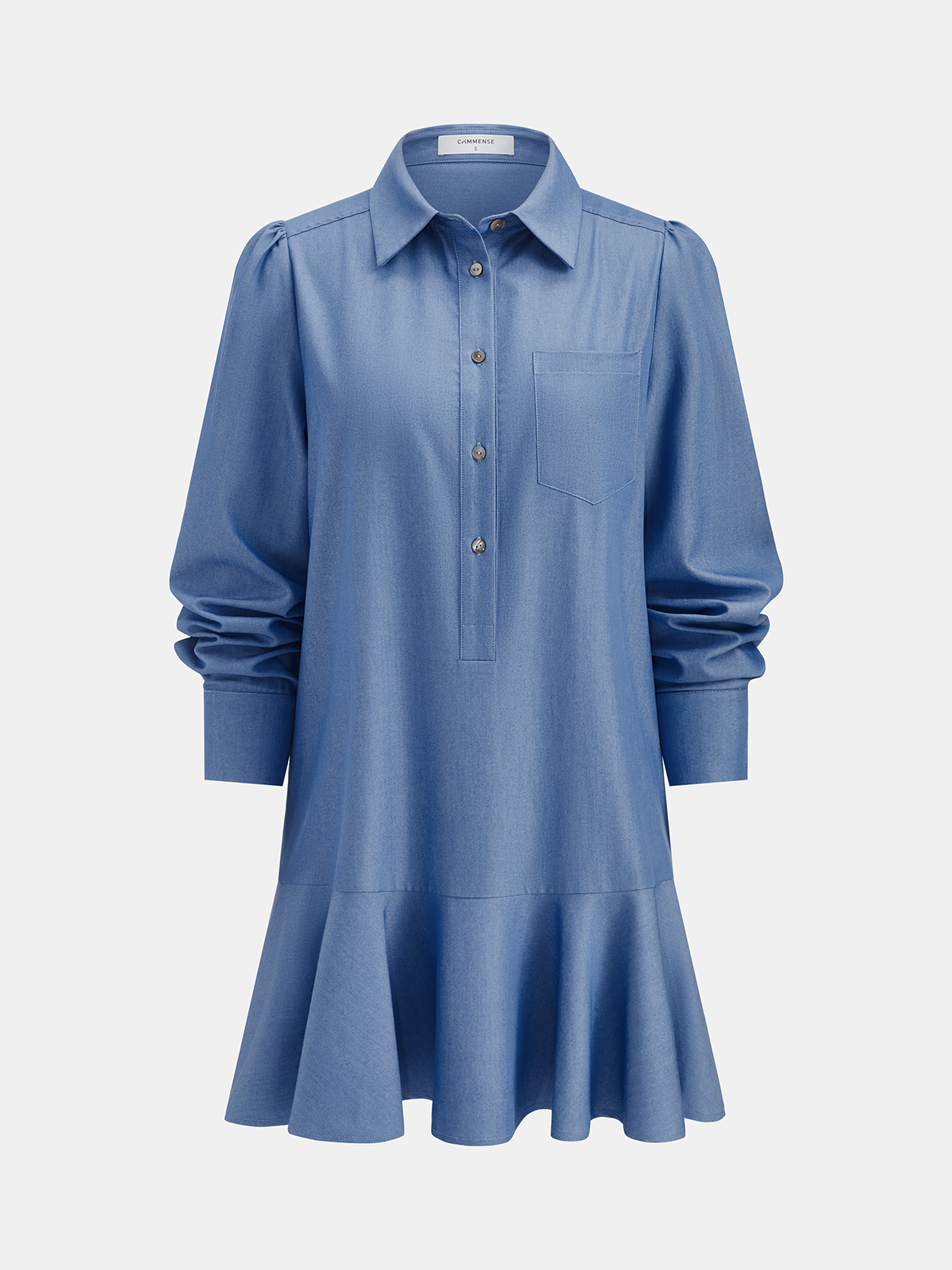 Denim Ruffle Hem Shirt Dress-Chicvia