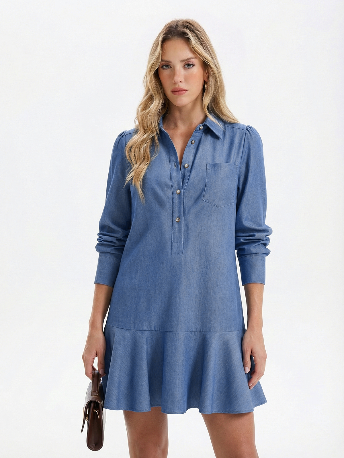 Denim Ruffle Hem Shirt Dress-Chicvia