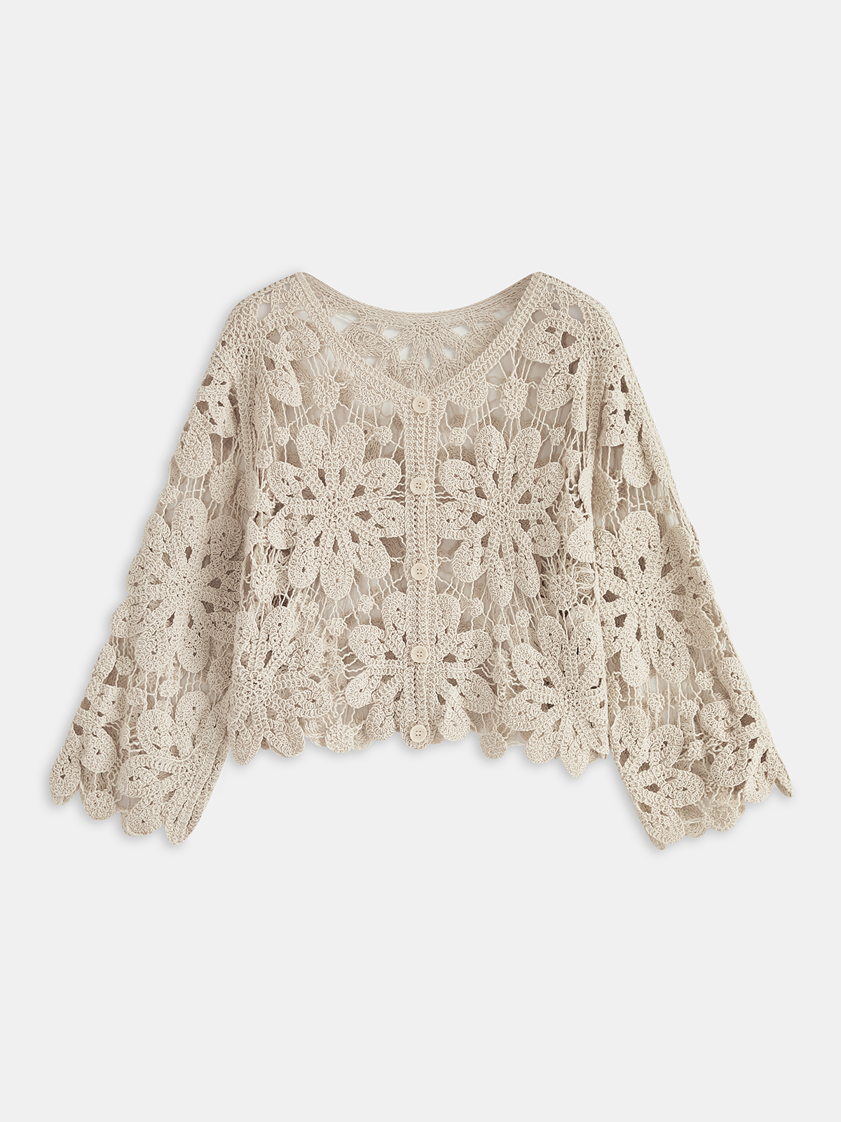 Cropped Floral Crochet Cardigan-Chicvia