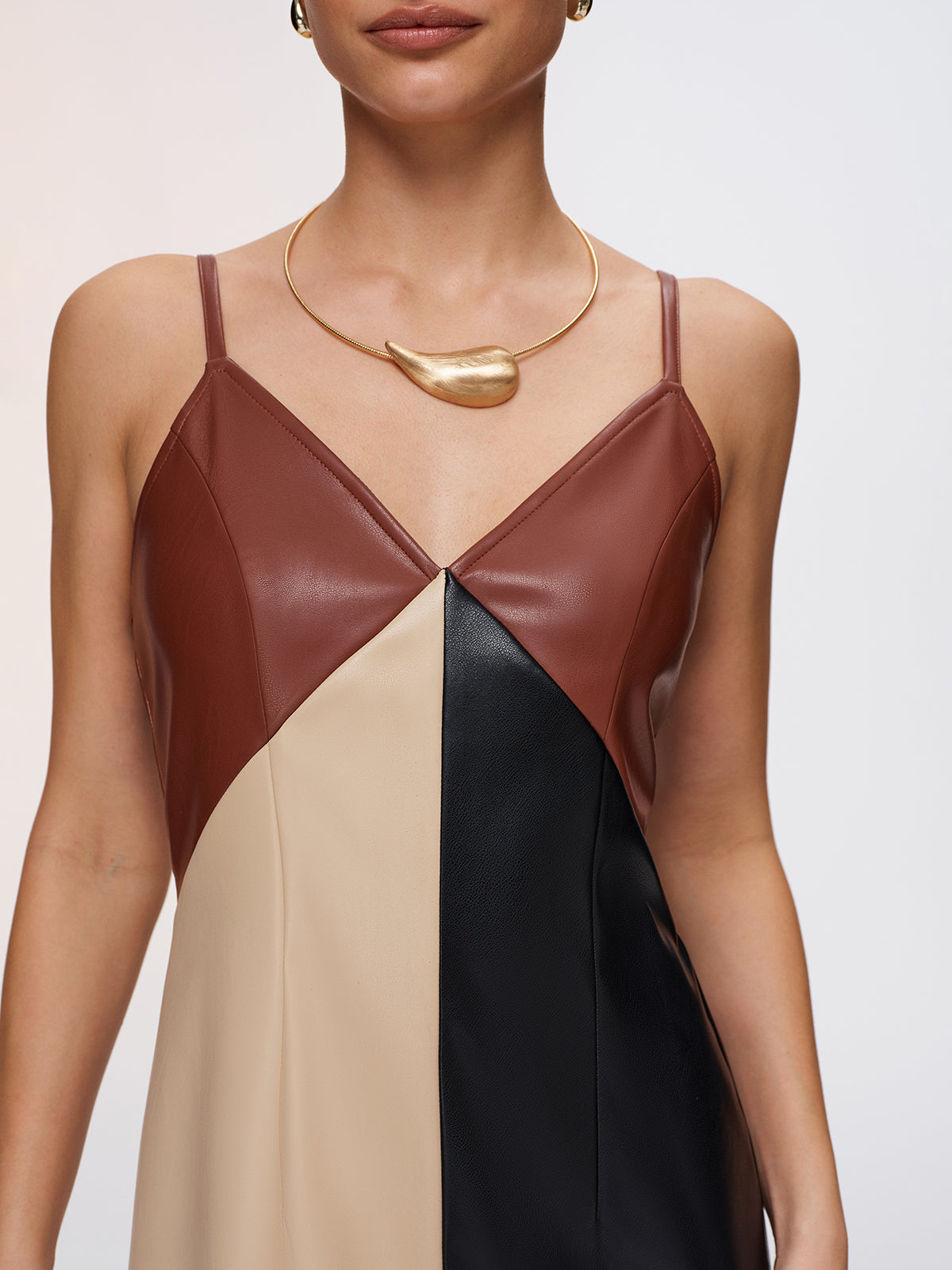 Color-Block Faux Leather Cami Dress-Chicvia