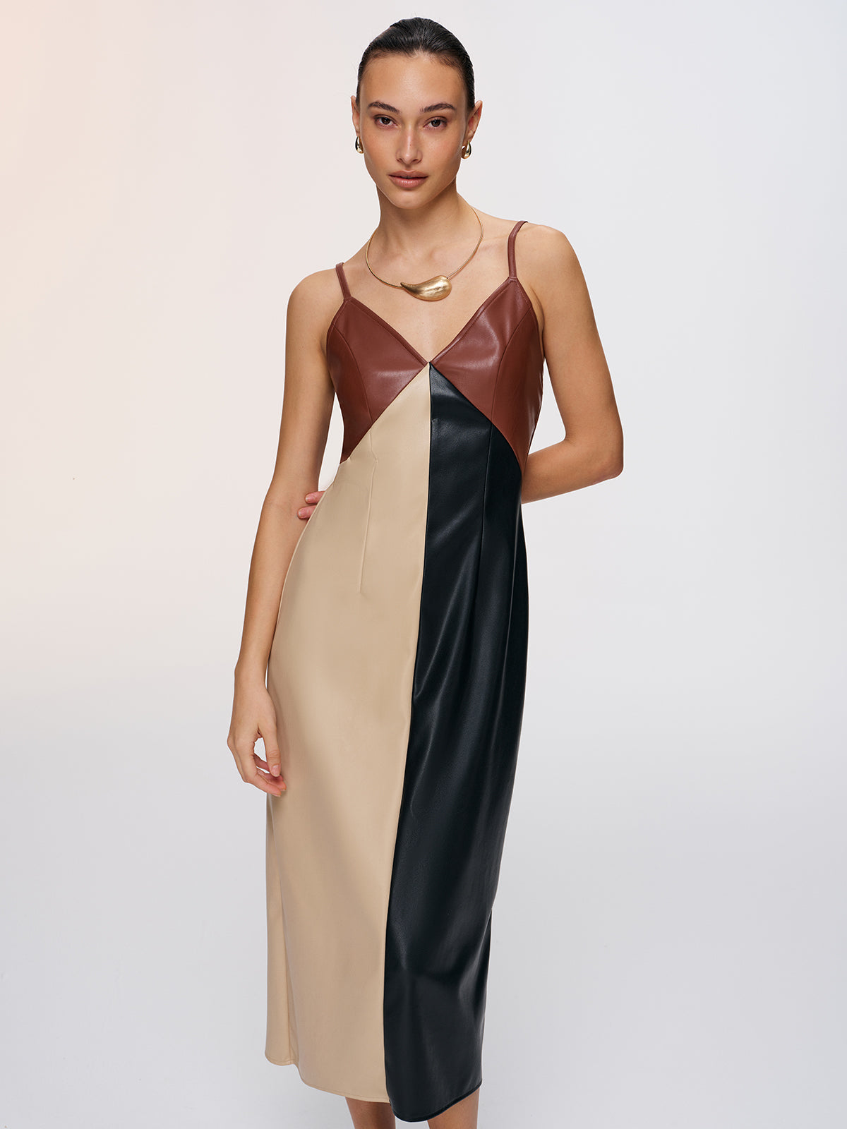 Color-Block Faux Leather Cami Dress-Chicvia