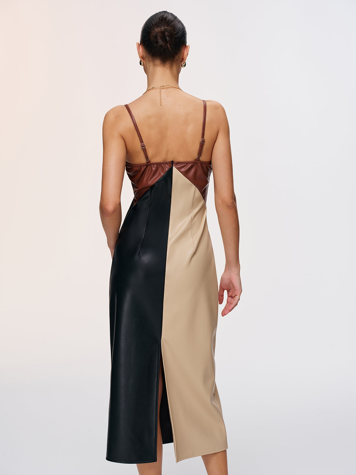 Color-Block Faux Leather Cami Dress-Chicvia