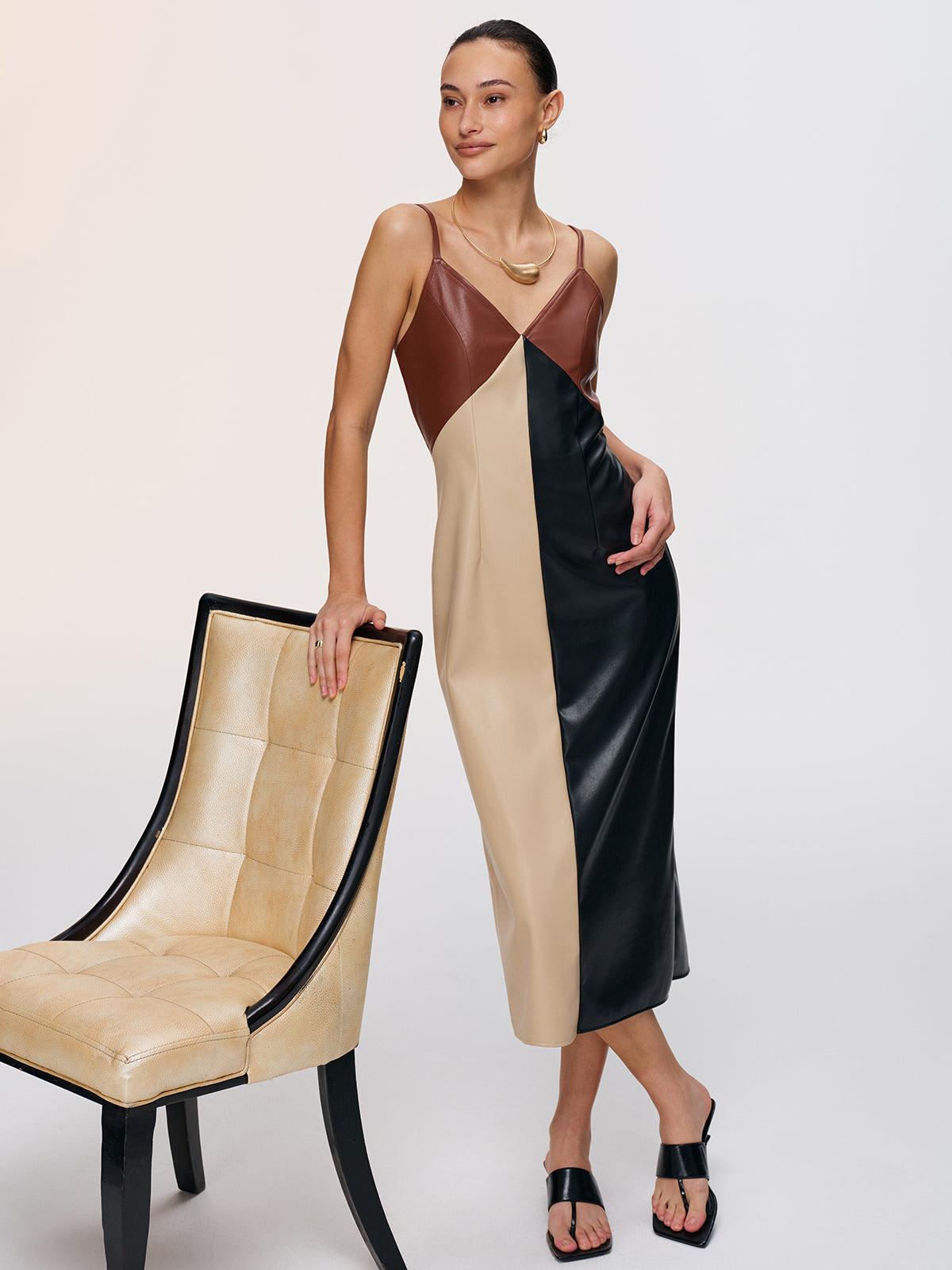 Color-Block Faux Leather Cami Dress-Chicvia