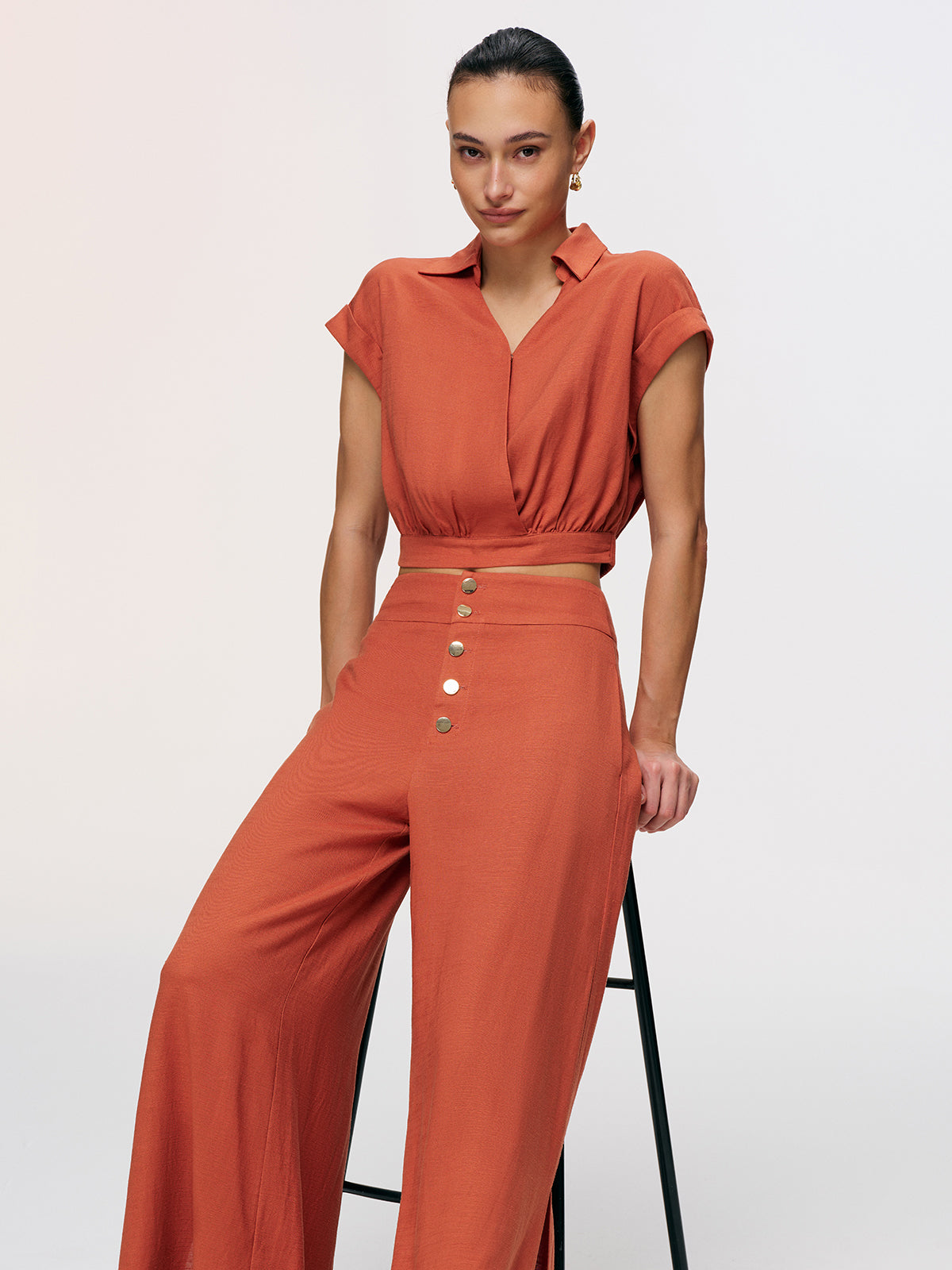 Linen-Blend Crop Shirt & Split Pants Set-Chicvia