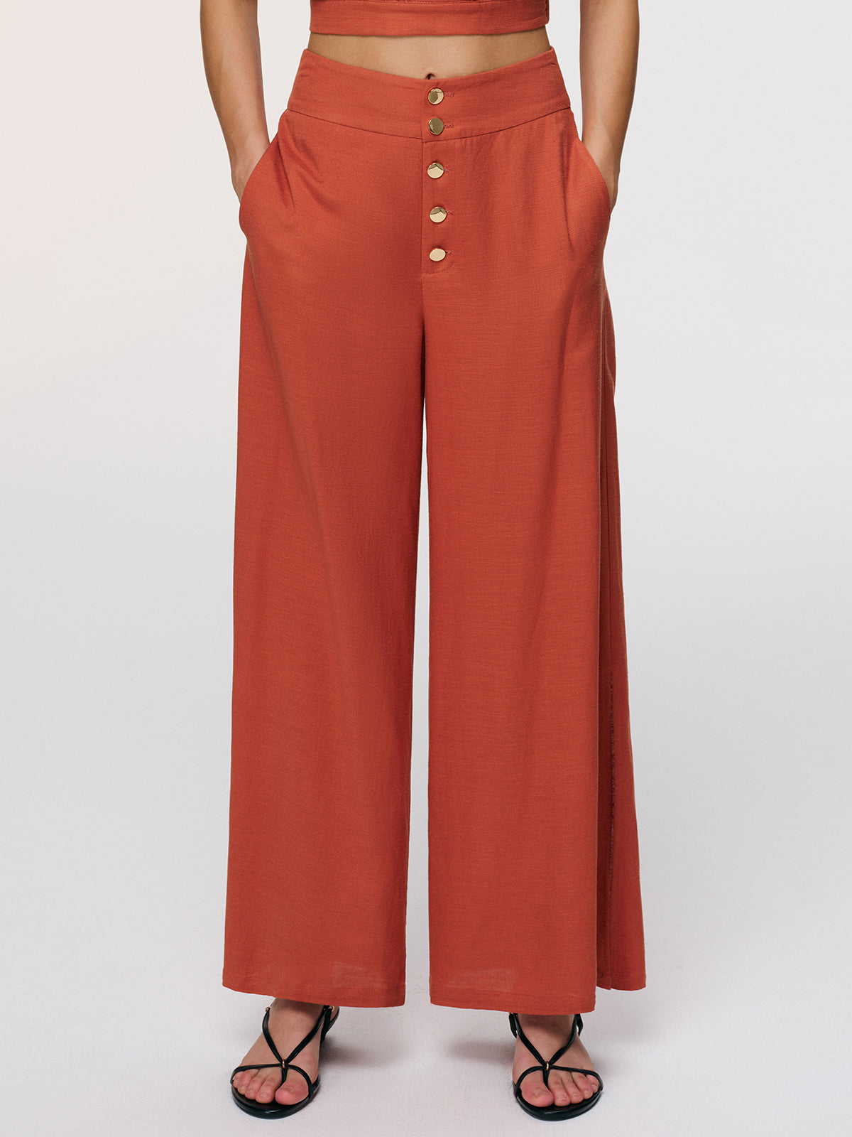 Linen-Blend Crop Shirt & Split Pants Set-Chicvia