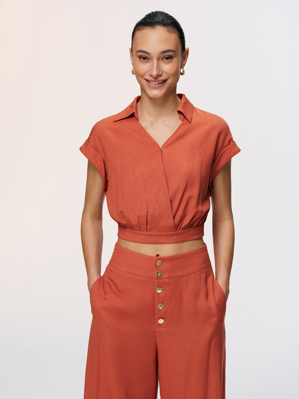 Linen-Blend Crop Shirt & Split Pants Set-Chicvia