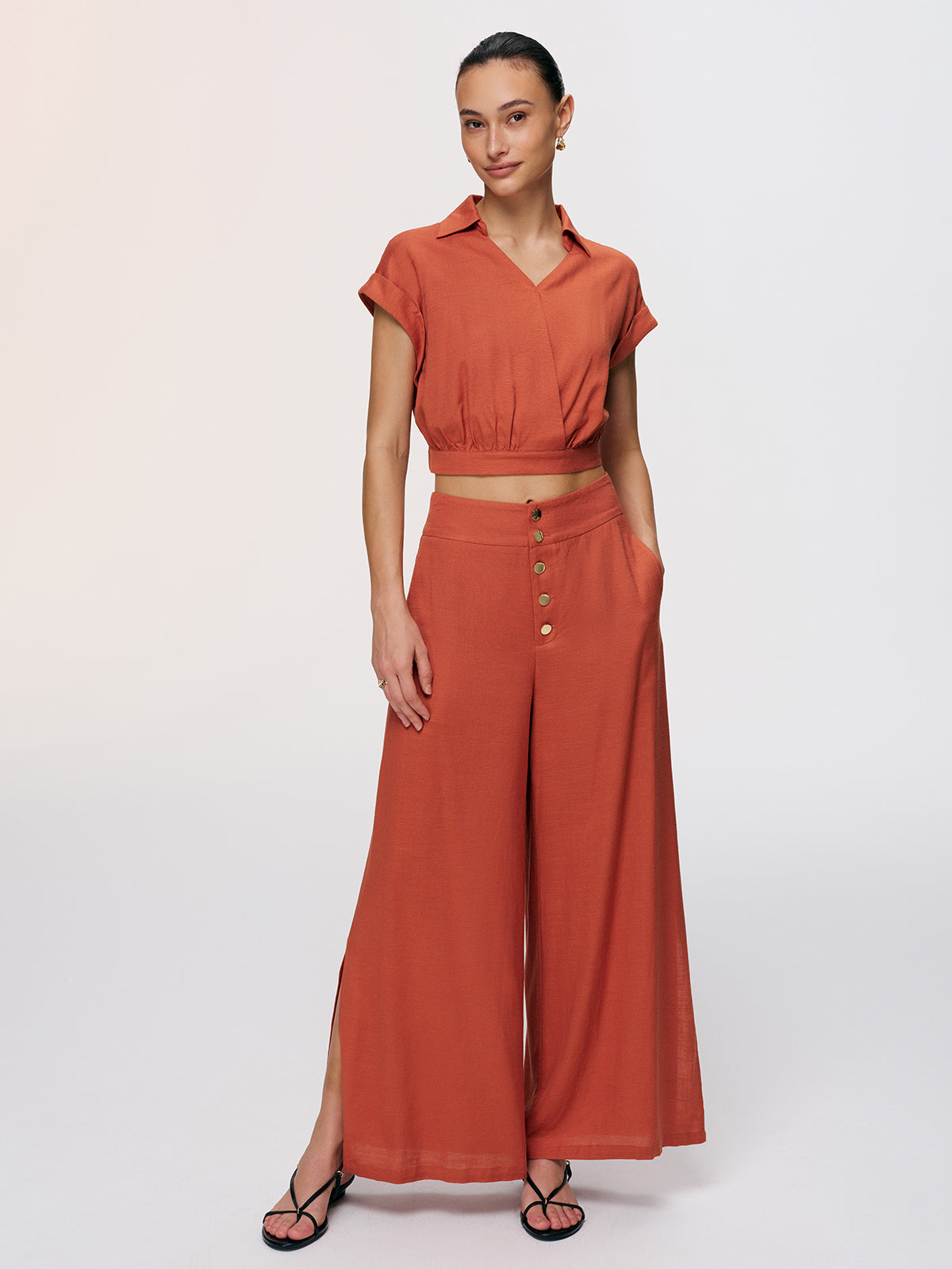 Linen-Blend Crop Shirt & Split Pants Set-Chicvia