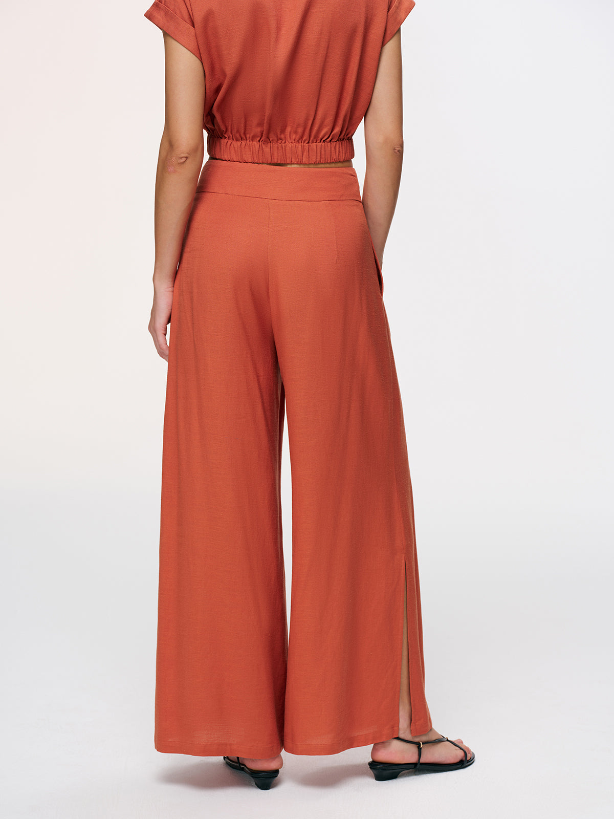 Linen-Blend Crop Shirt & Split Pants Set-Chicvia