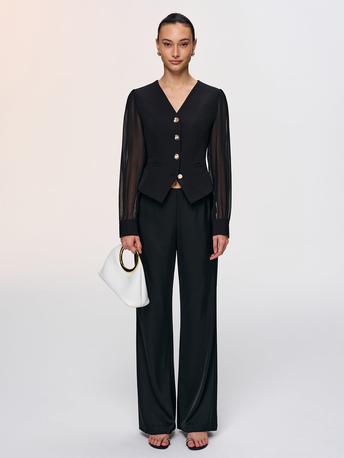 Metal Button Sheer Sleeve V-Neck Blouse-Chicvia