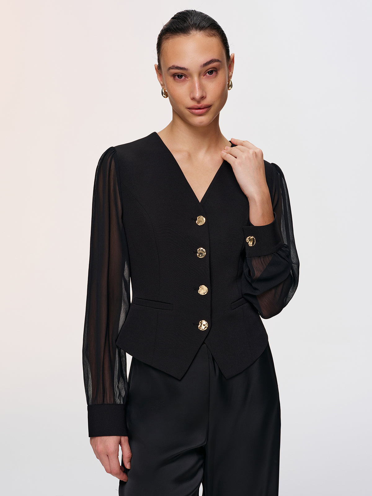 Metal Button Sheer Sleeve V-Neck Blouse-Chicvia