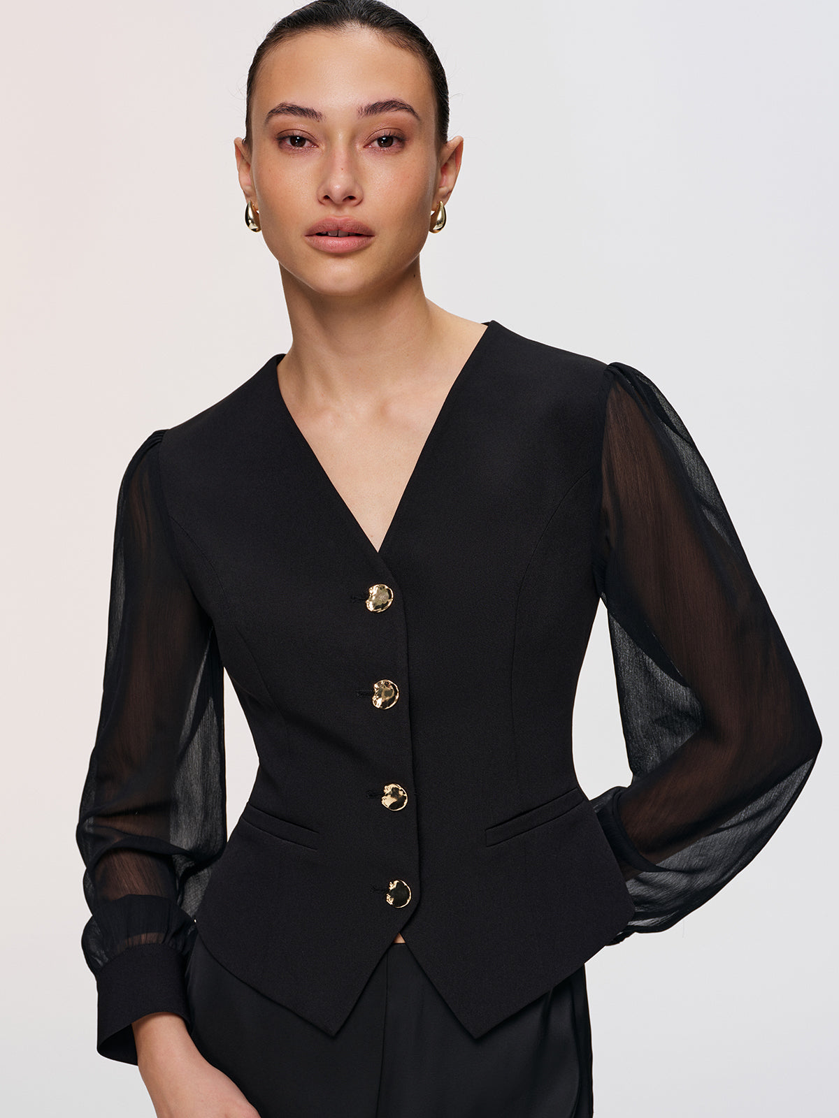 Metal Button Sheer Sleeve V-Neck Blouse-Chicvia