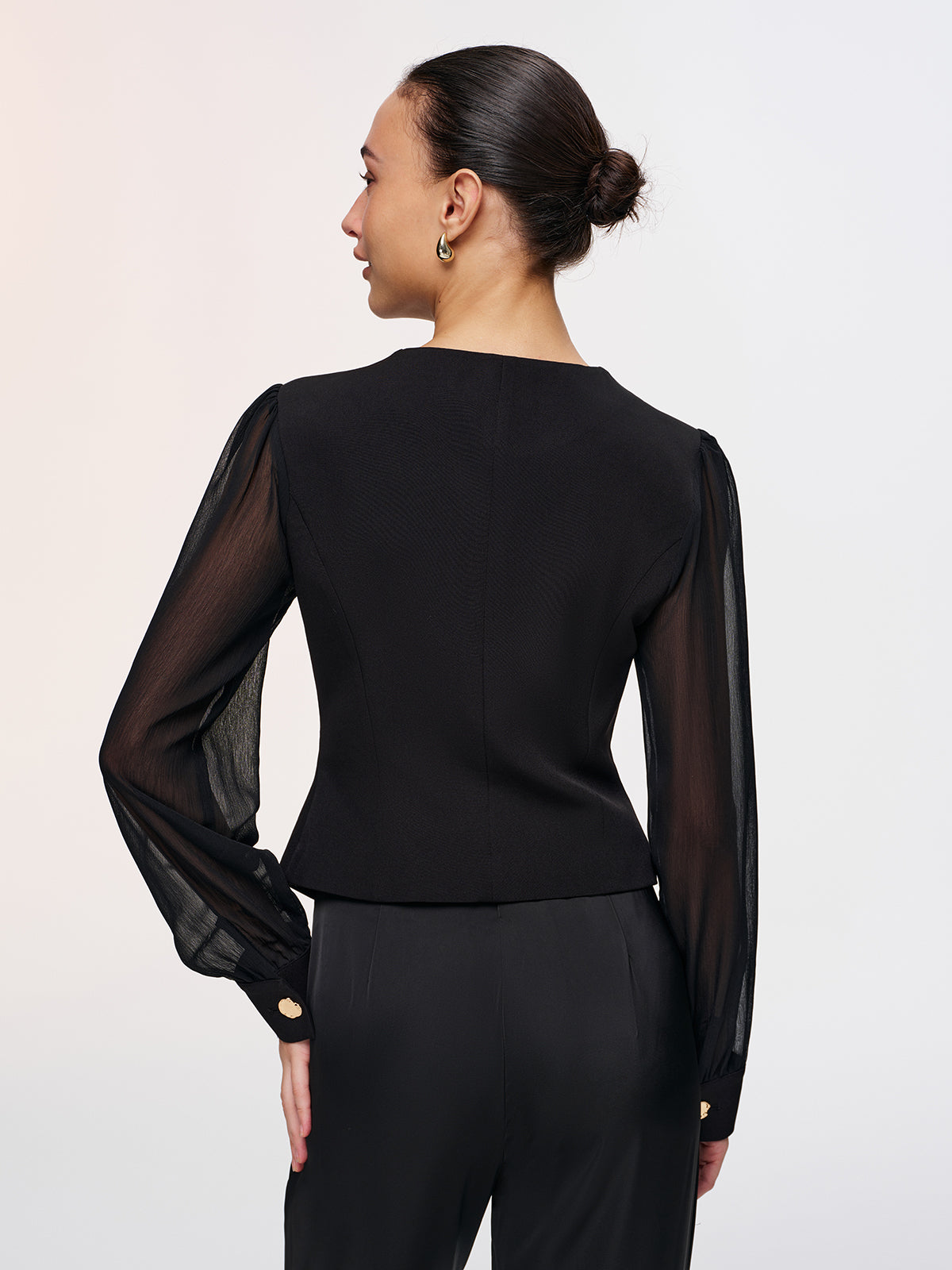 Metal Button Sheer Sleeve V-Neck Blouse-Chicvia