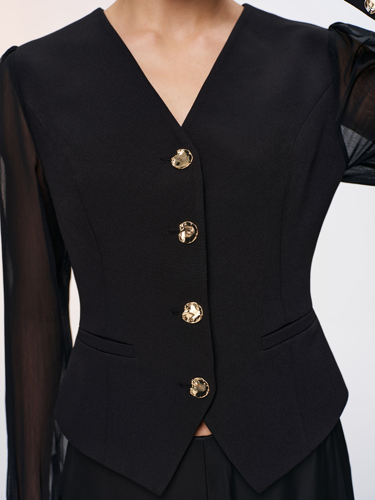 Metal Button Sheer Sleeve V-Neck Blouse-Chicvia