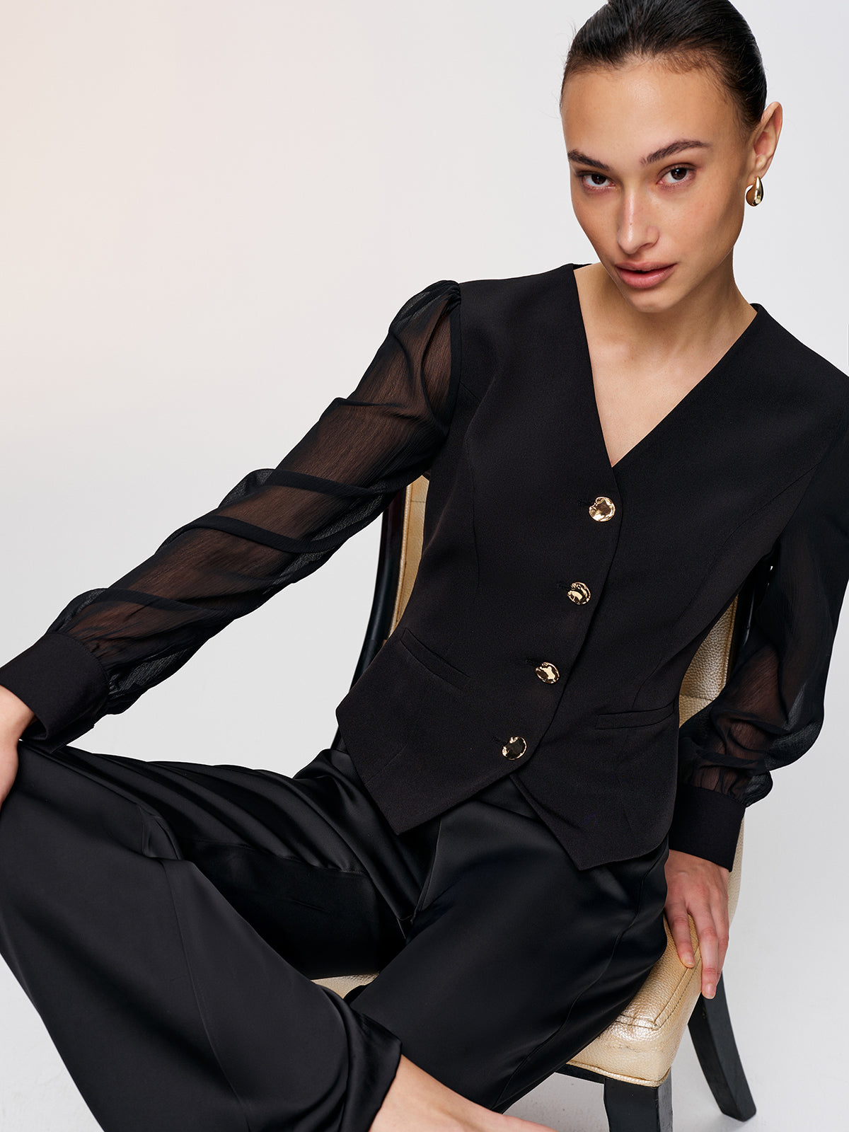 Metal Button Sheer Sleeve V-Neck Blouse-Chicvia