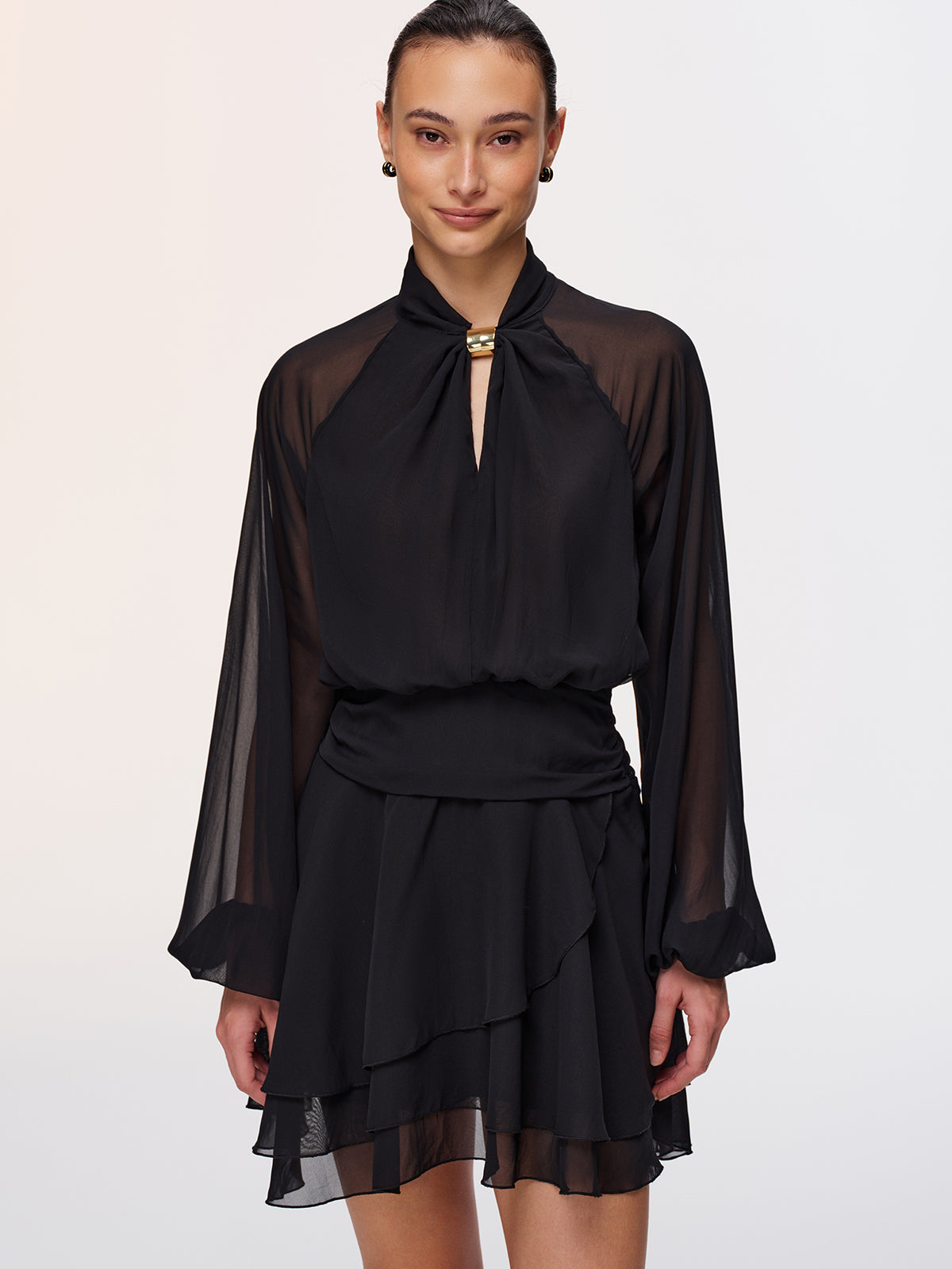 Metal Detail Semi-Sheer Chiffon Mini Dress-Chicvia