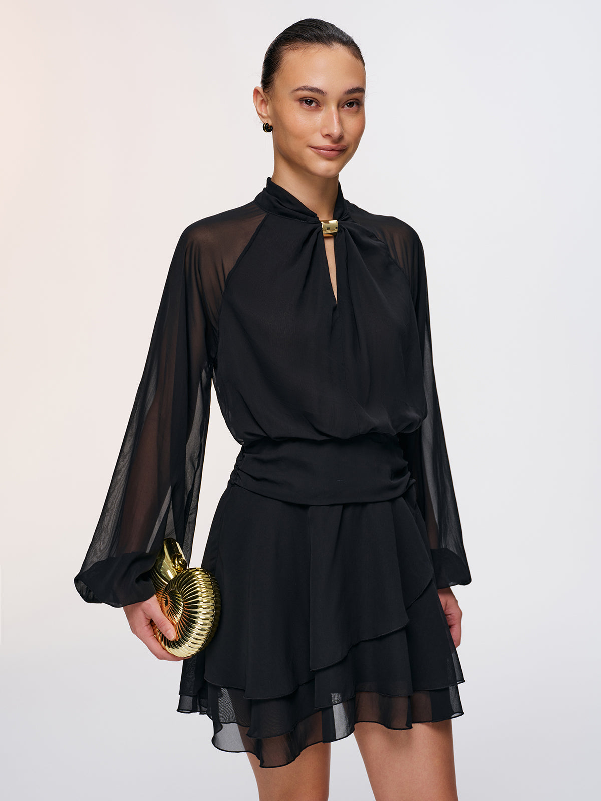 Metal Detail Semi-Sheer Chiffon Mini Dress-Chicvia