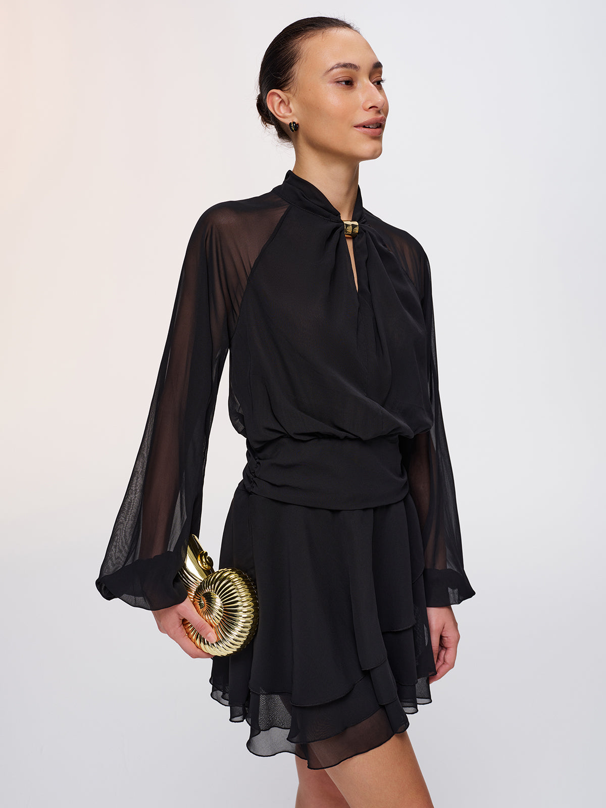 Metal Detail Semi-Sheer Chiffon Mini Dress-Chicvia