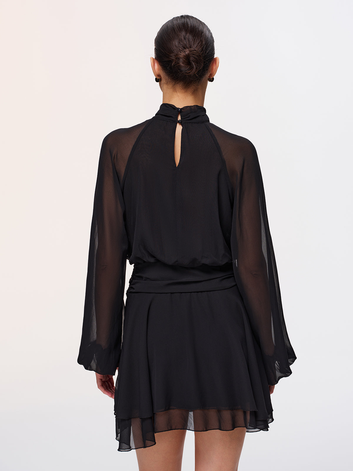 Metal Detail Semi-Sheer Chiffon Mini Dress-Chicvia