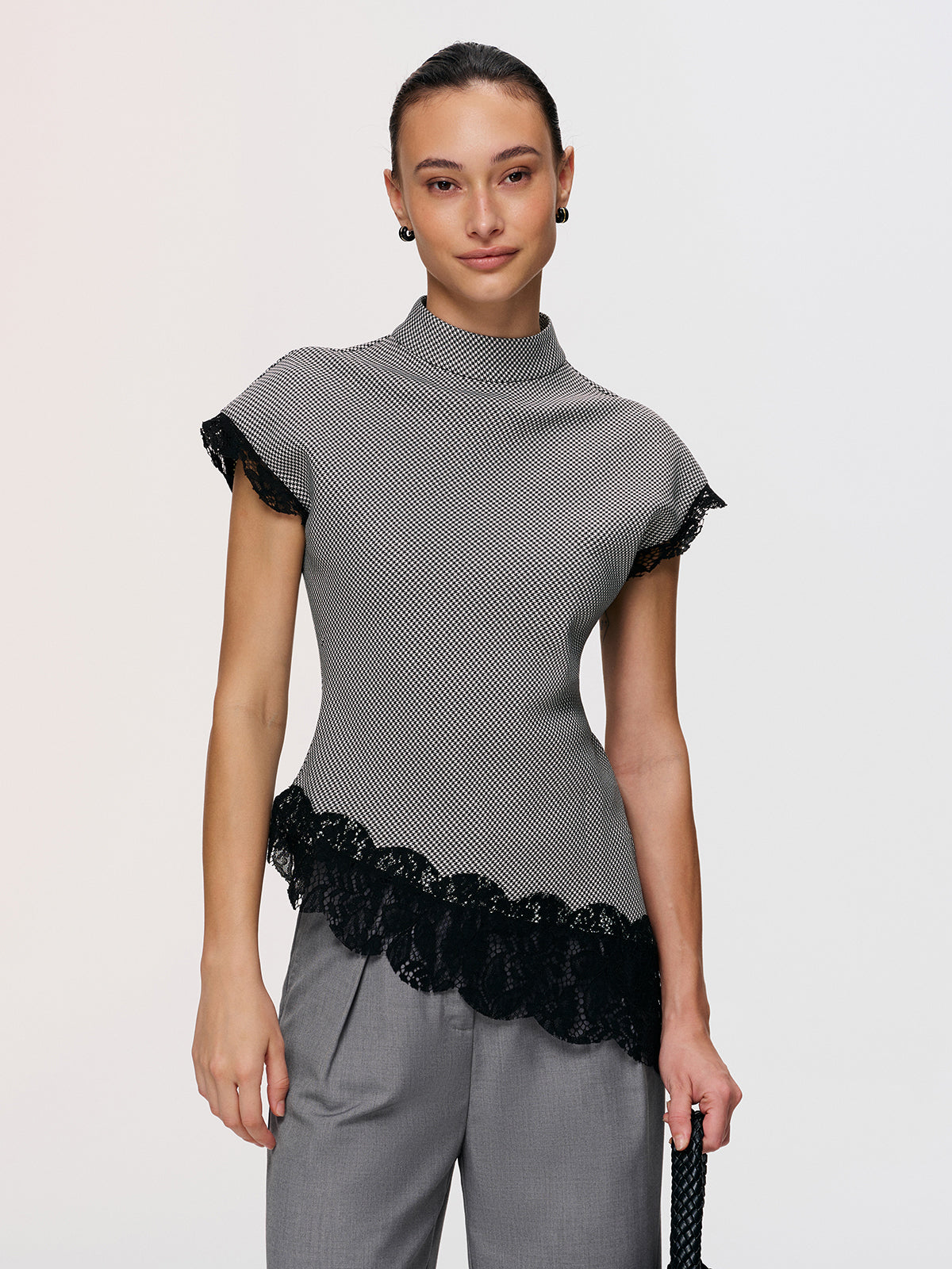 Lace Trim Houndstooth Mock Neck Top-Chicvia