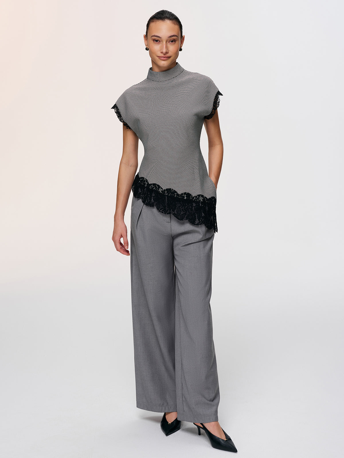 Lace Trim Houndstooth Mock Neck Top-Chicvia