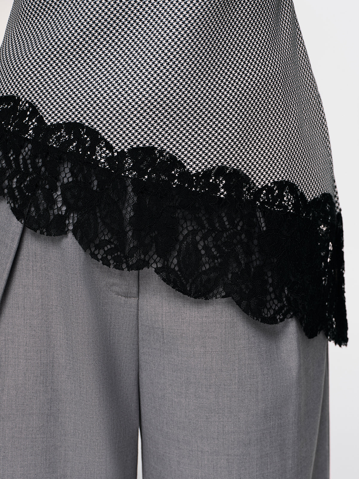 Lace Trim Houndstooth Mock Neck Top-Chicvia