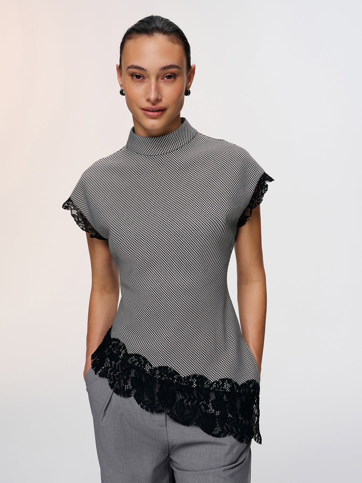 Lace Trim Houndstooth Mock Neck Top-Chicvia