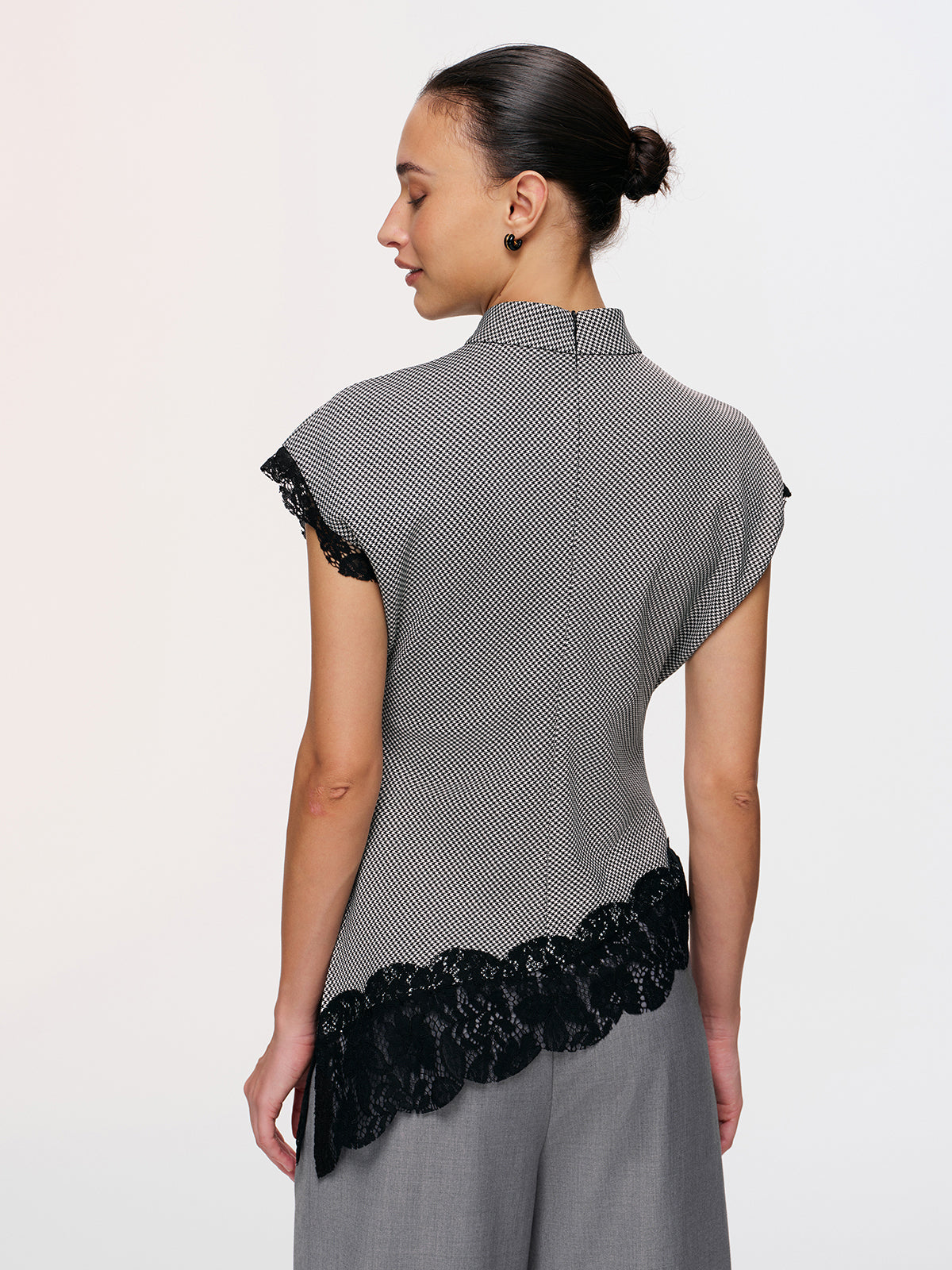 Lace Trim Houndstooth Mock Neck Top-Chicvia