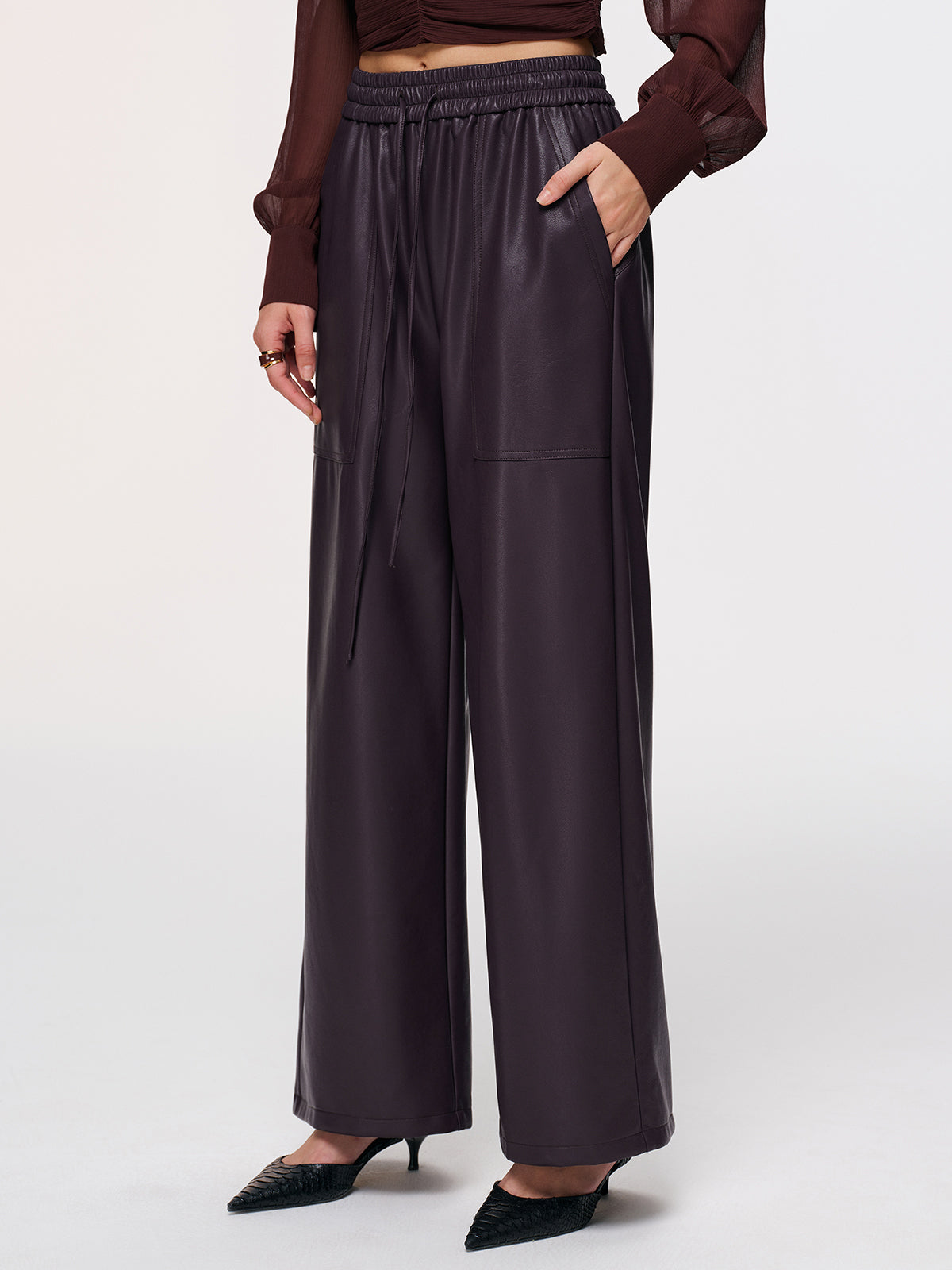 Elastic Waistband Faux Leather Pants-Chicvia