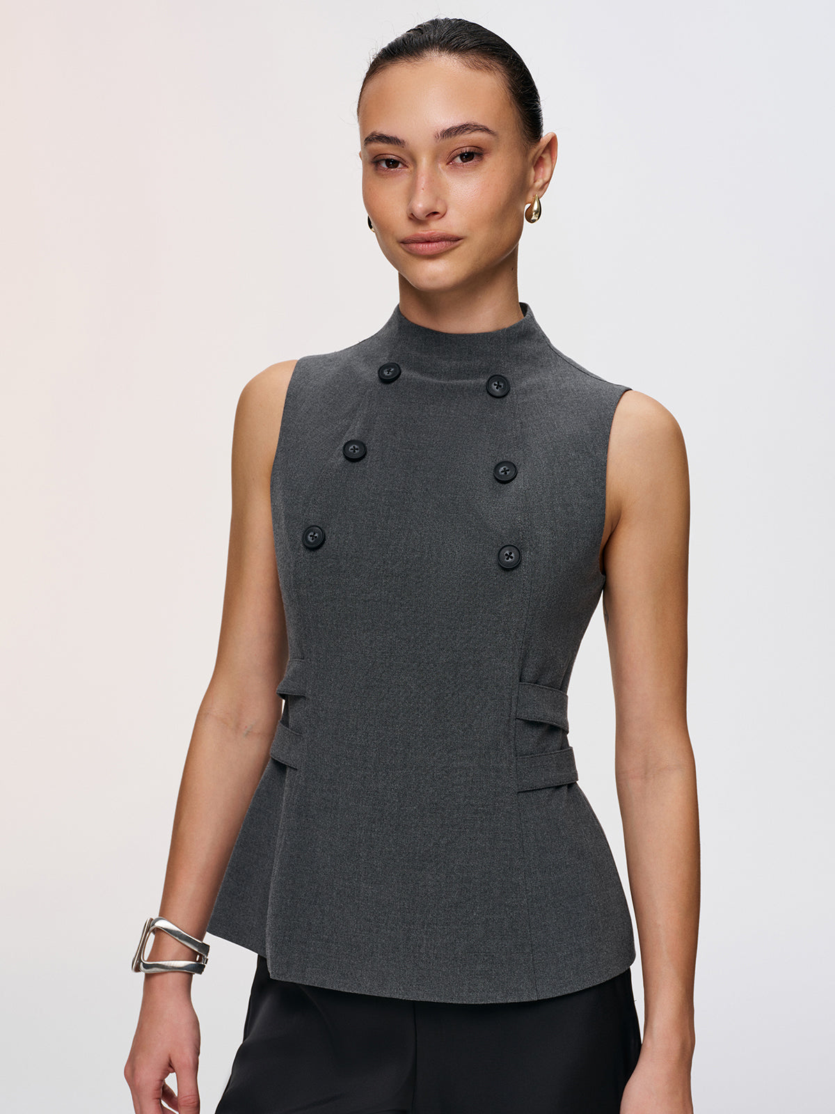 Button Detail Sleeveless Peplum Vest-Chicvia
