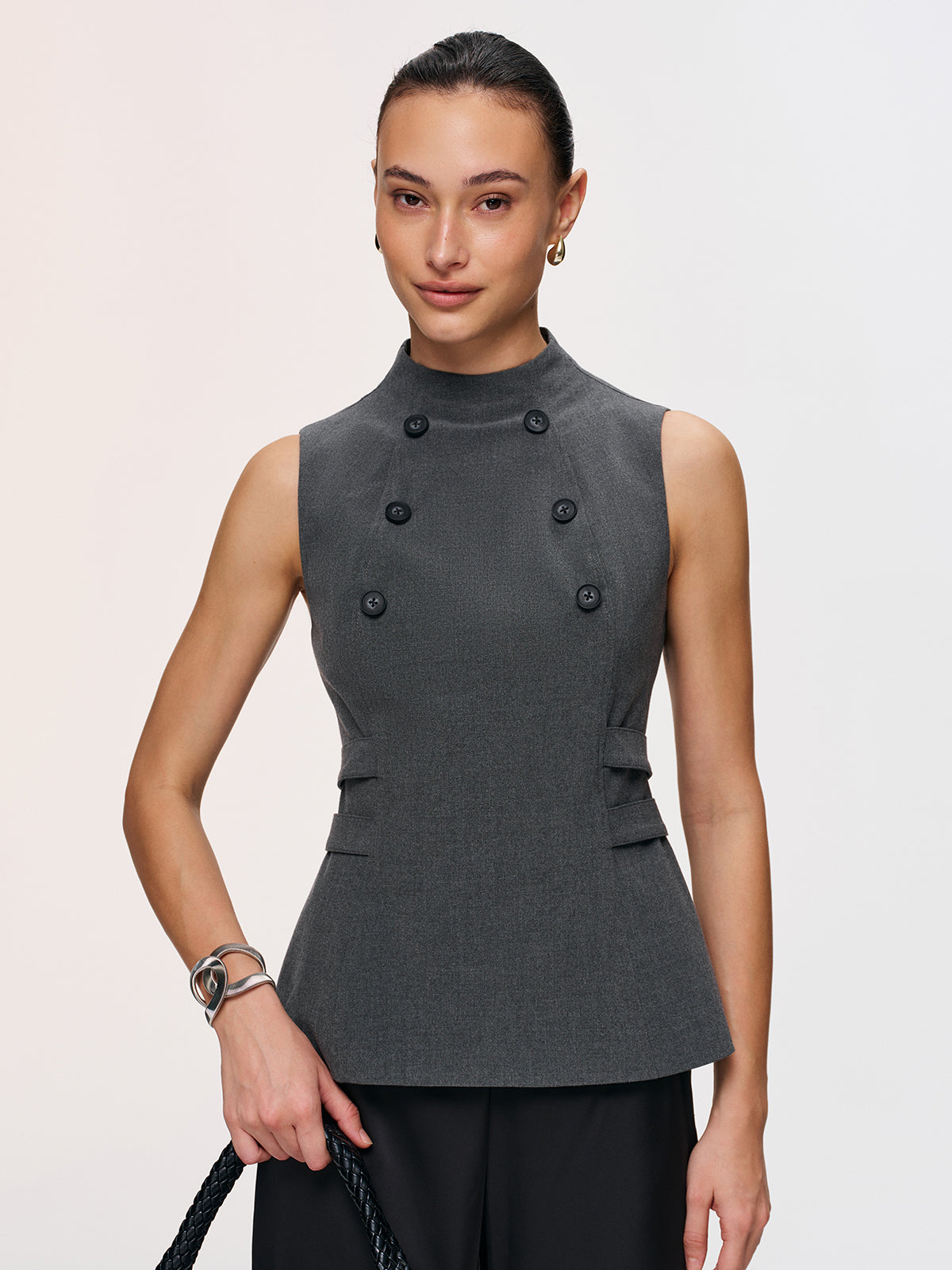 Button Detail Sleeveless Peplum Vest-Chicvia