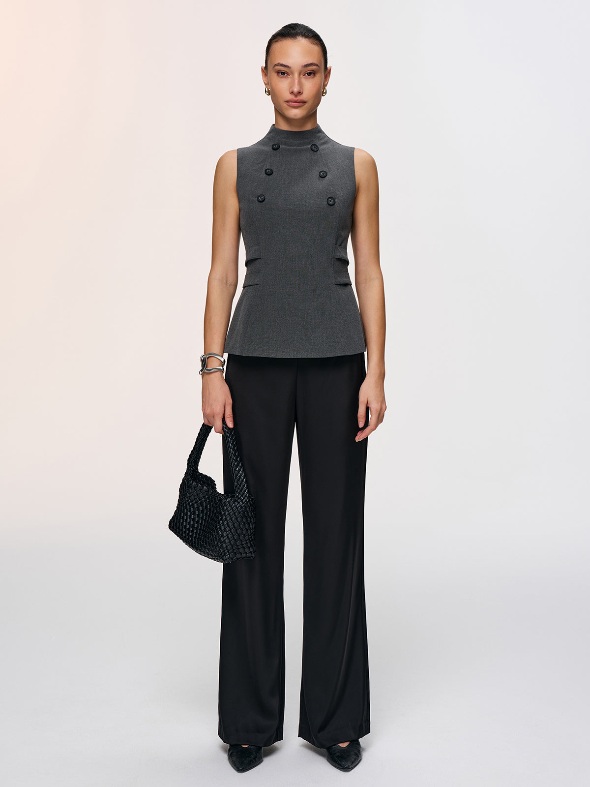 Button Detail Sleeveless Peplum Vest-Chicvia