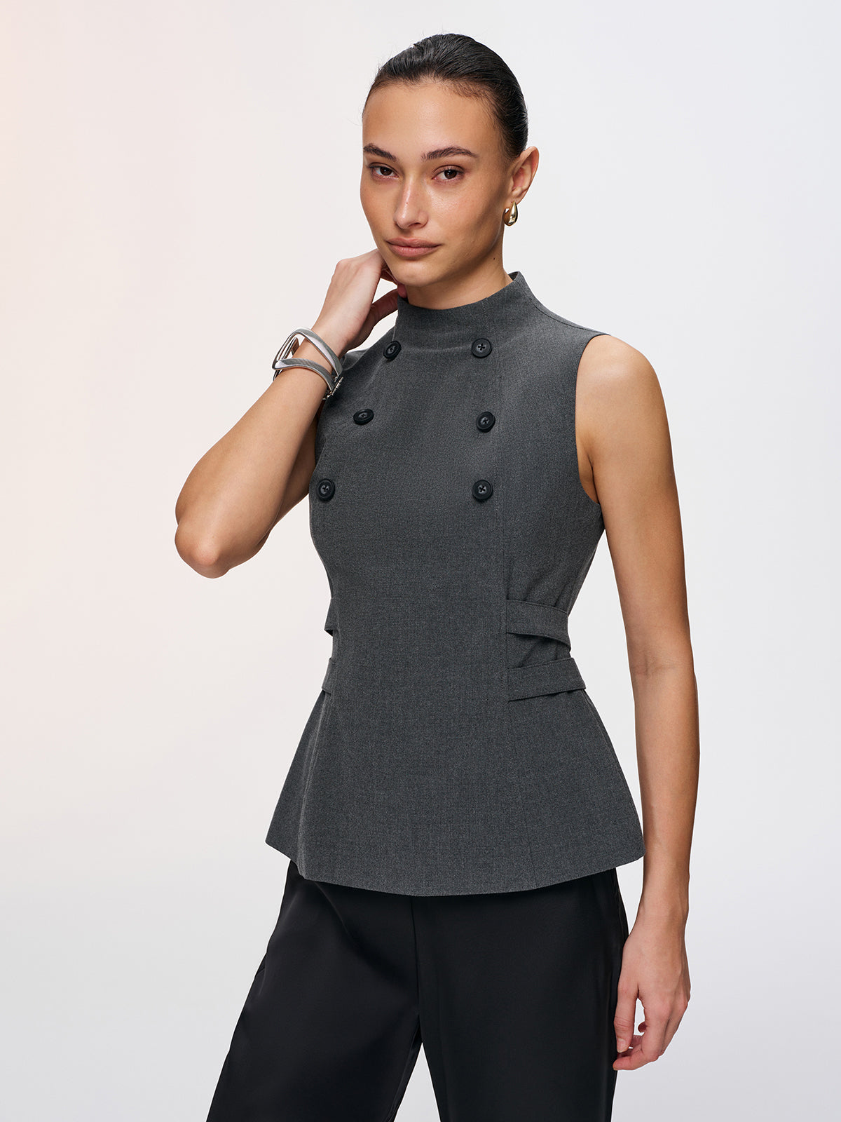 Button Detail Sleeveless Peplum Vest-Chicvia