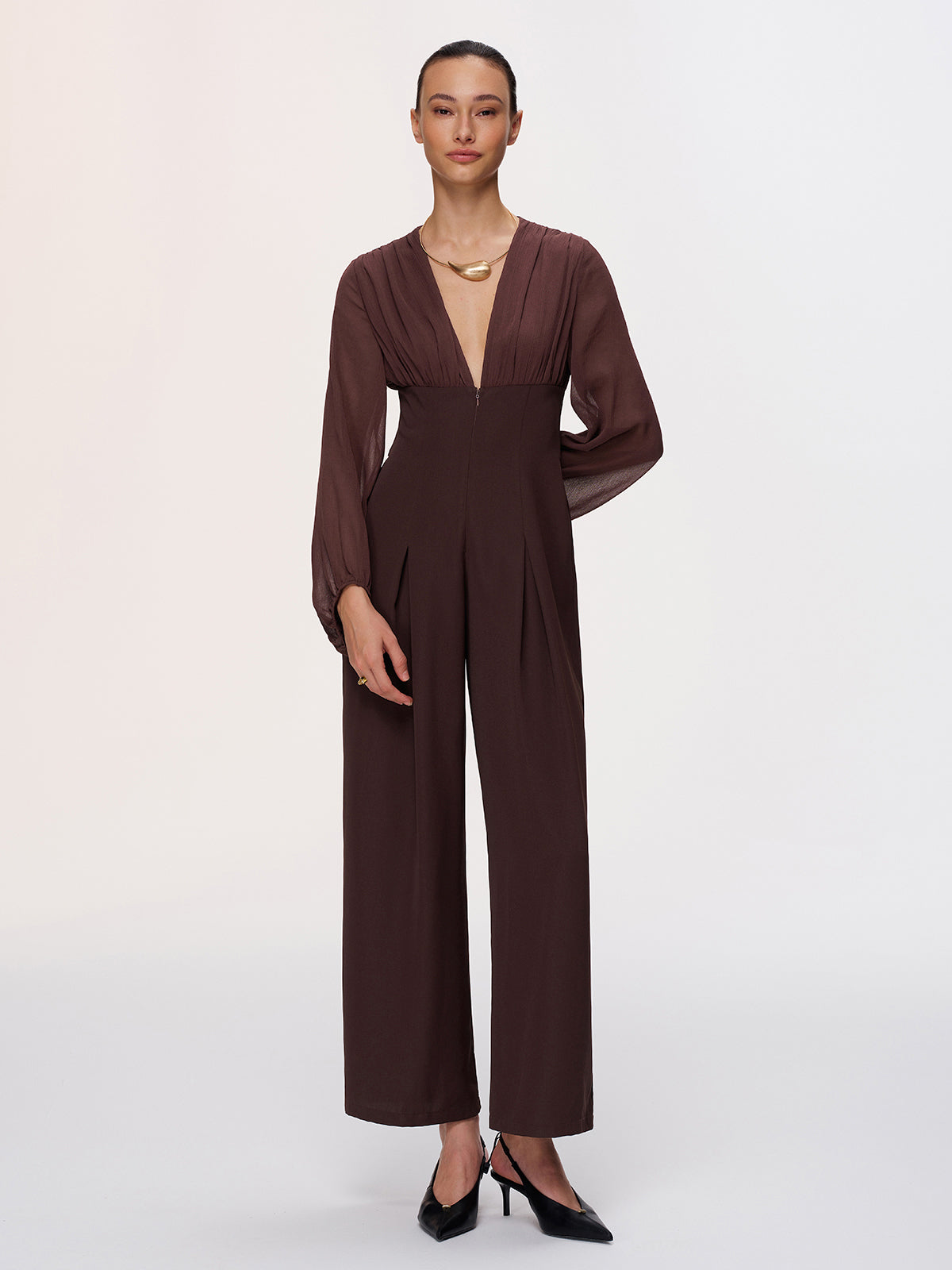 Deep V-Neck Chiffon Panel Pleated Jumpsuit-Chicvia