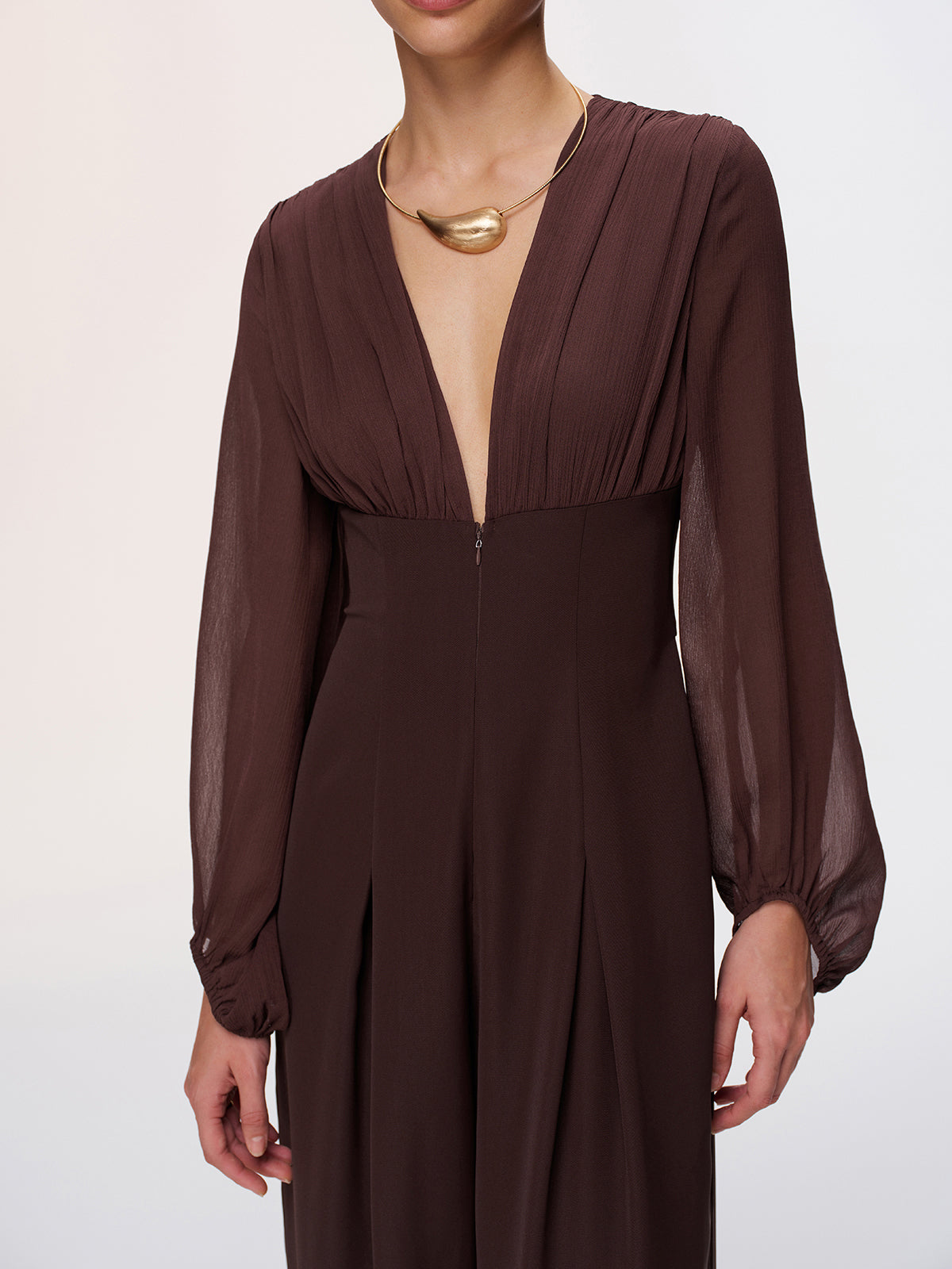 Deep V-Neck Chiffon Panel Pleated Jumpsuit-Chicvia