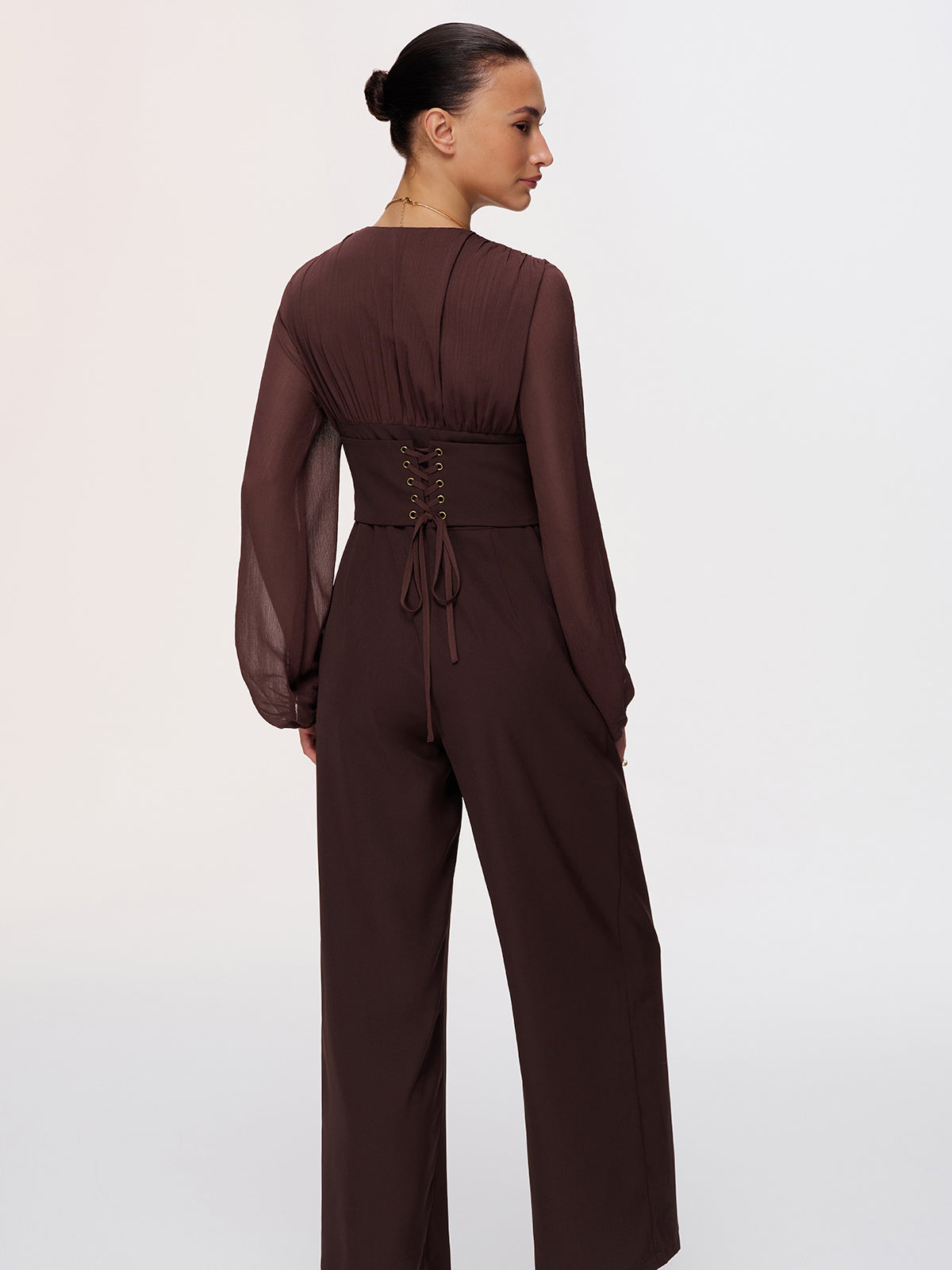 Deep V-Neck Chiffon Panel Pleated Jumpsuit-Chicvia