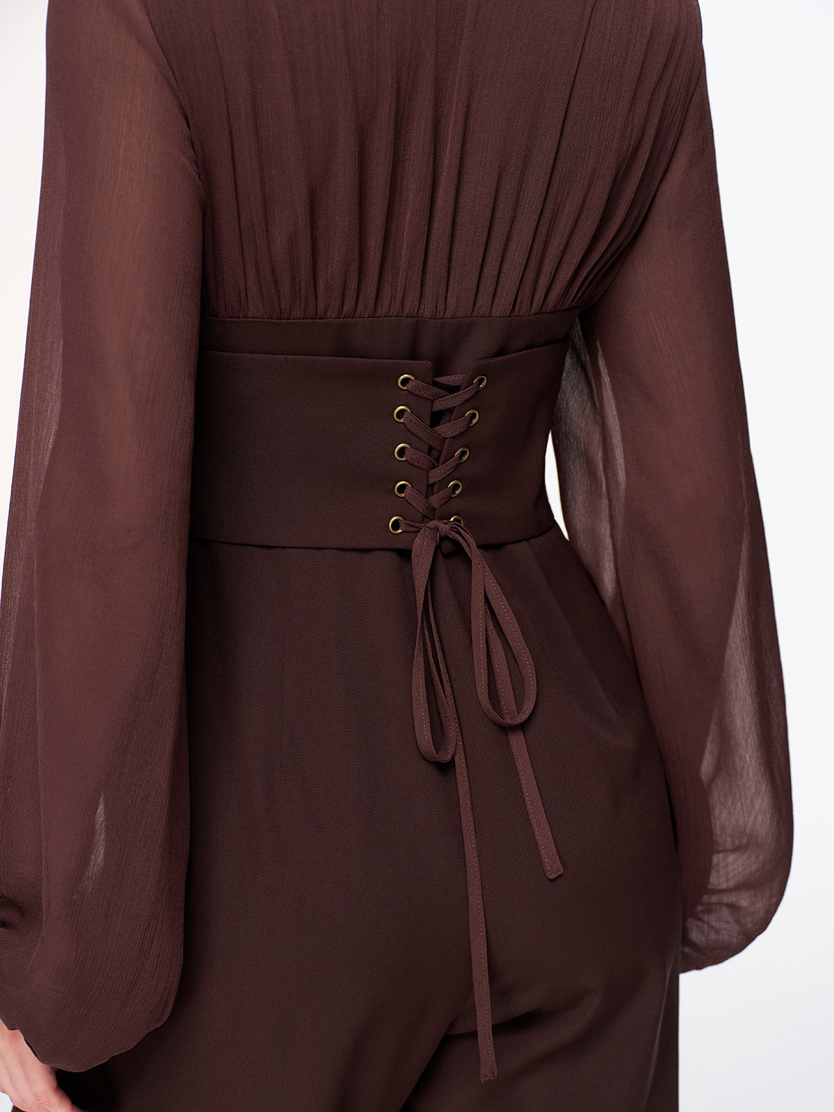 Deep V-Neck Chiffon Panel Pleated Jumpsuit-Chicvia