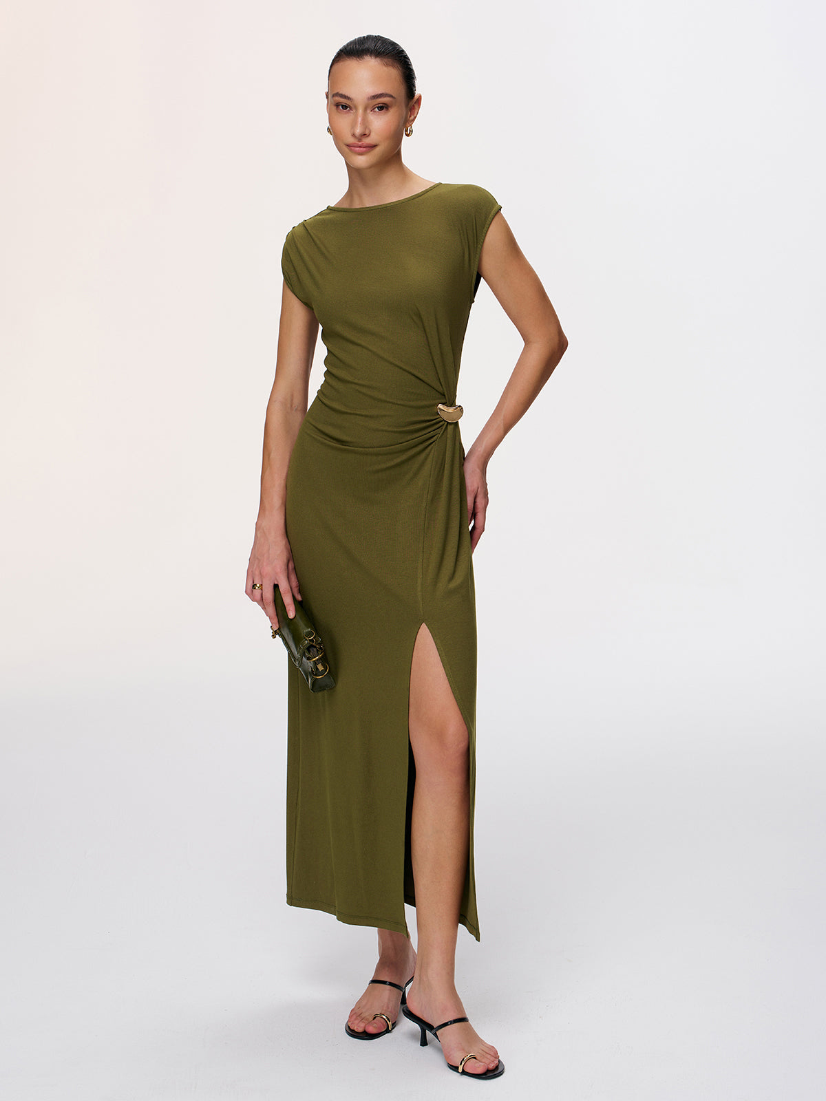 Metal Detail High-Slit Cap-Sleeve Dress-Chicvia