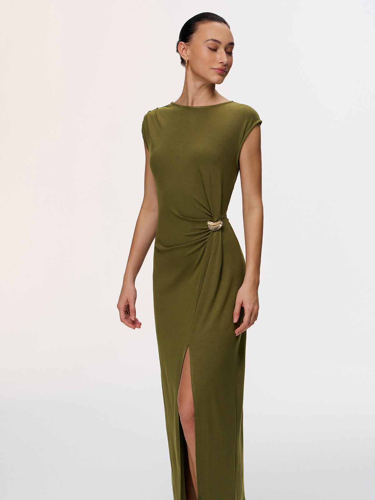 Metal Detail High-Slit Cap-Sleeve Dress-Chicvia