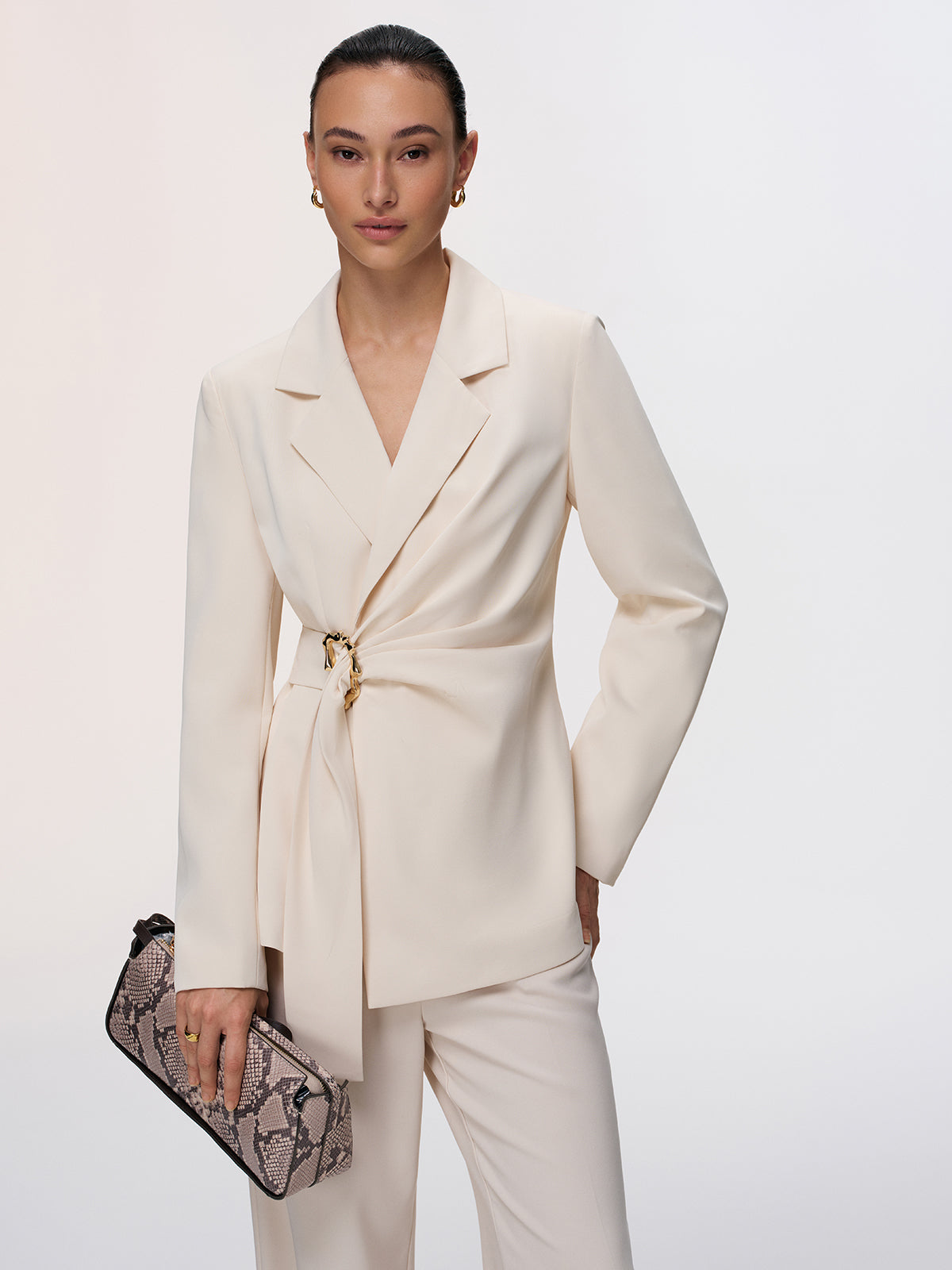 Metal Buckle Wrap-Front Blazer-Chicvia