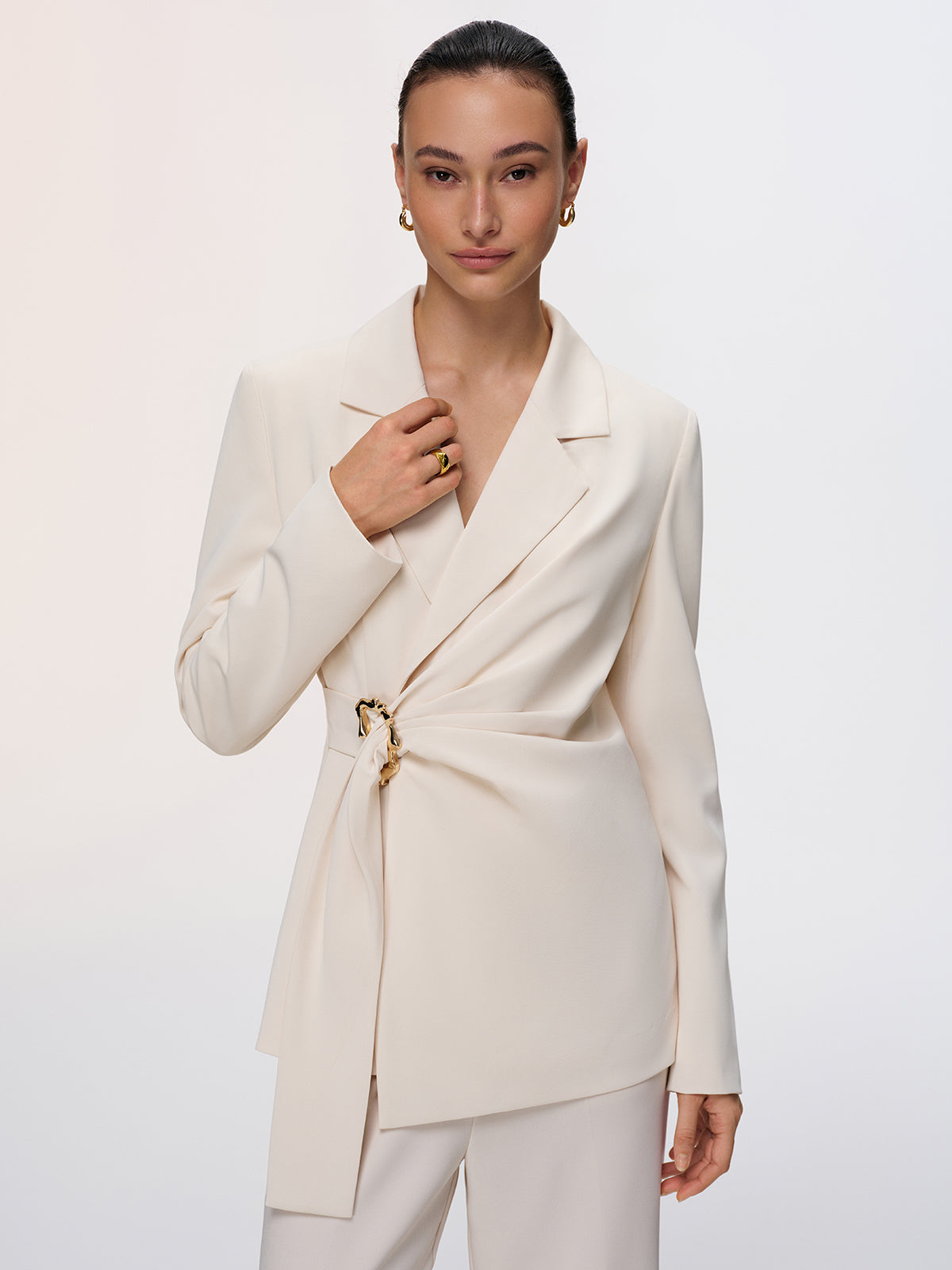 Metal Buckle Wrap-Front Blazer-Chicvia