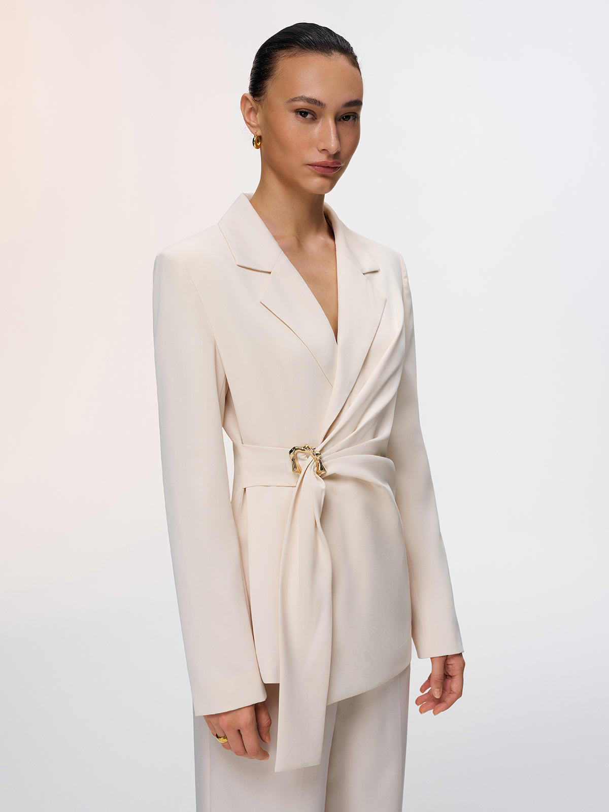 Metal Buckle Wrap-Front Blazer-Chicvia